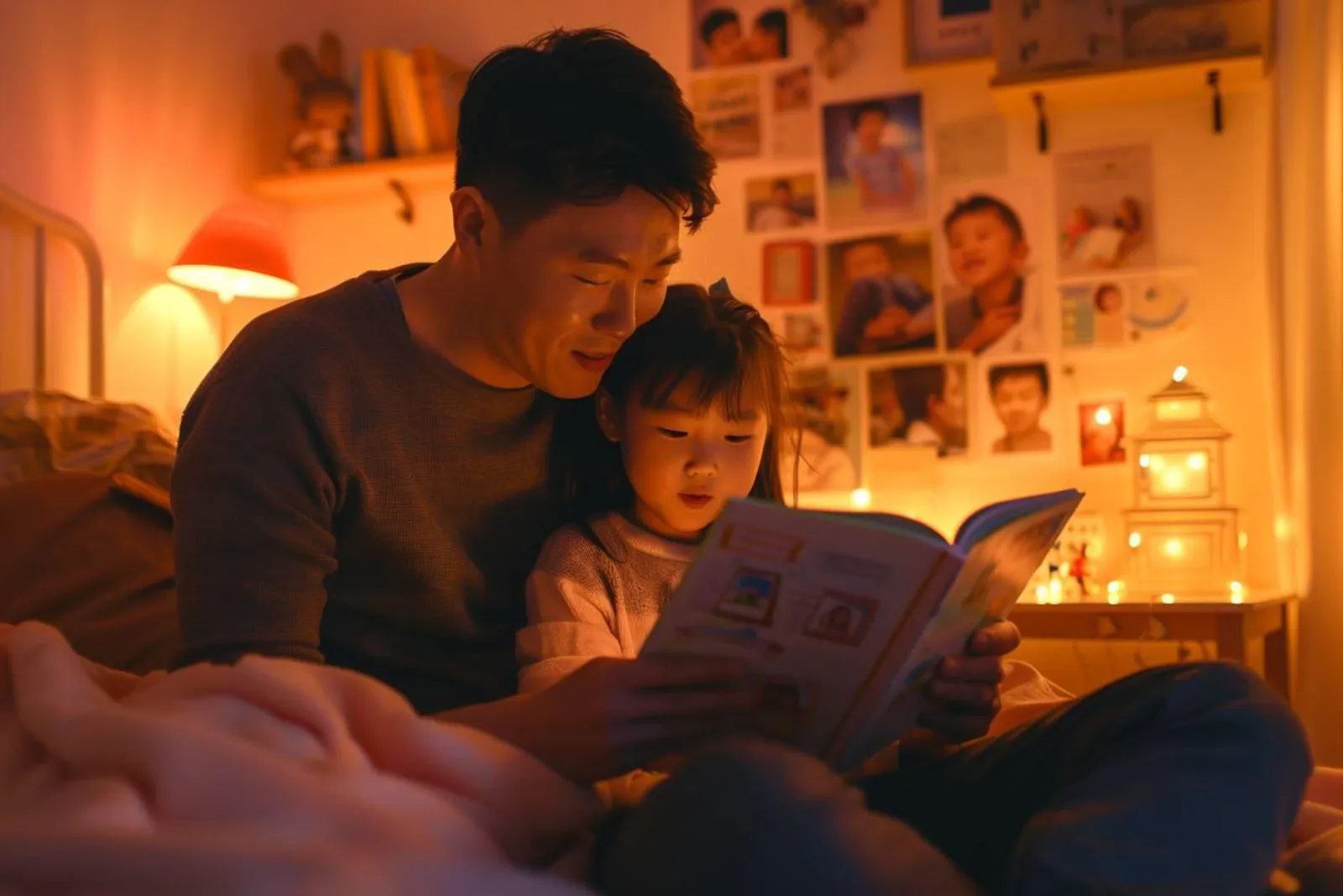 Un parent aide calmement son enfant à faire ses devoirs à une table de travail organisée, dans un cadre familial lumineux.