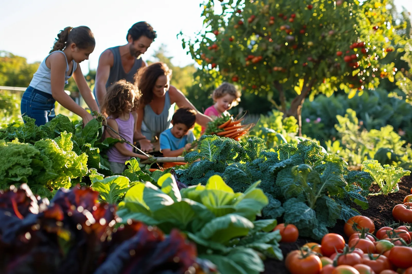 Une famille récolte des légumes dans un jardin en permaculture productif, avec arbres fruitiers et planches paillées.