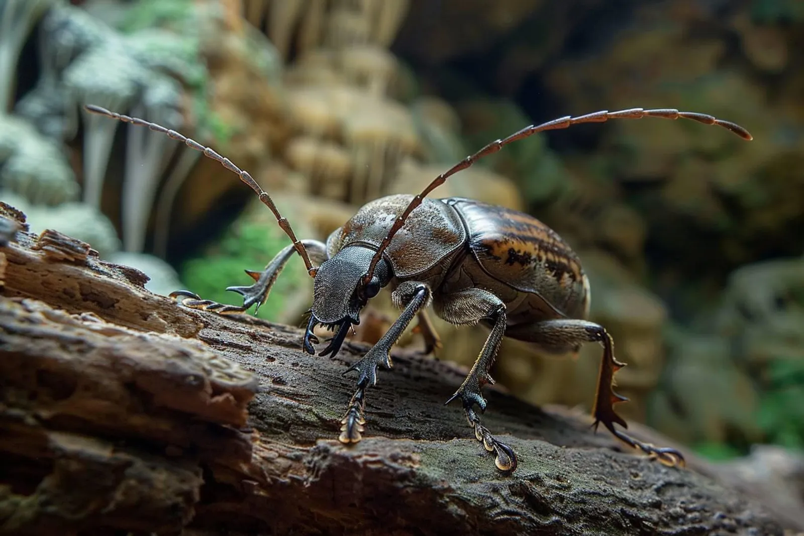 Une cave humide avec des poutres en bois dégradé, évoquant les interactions entre capricornes des caves, champignons et autres organismes décomposeurs.