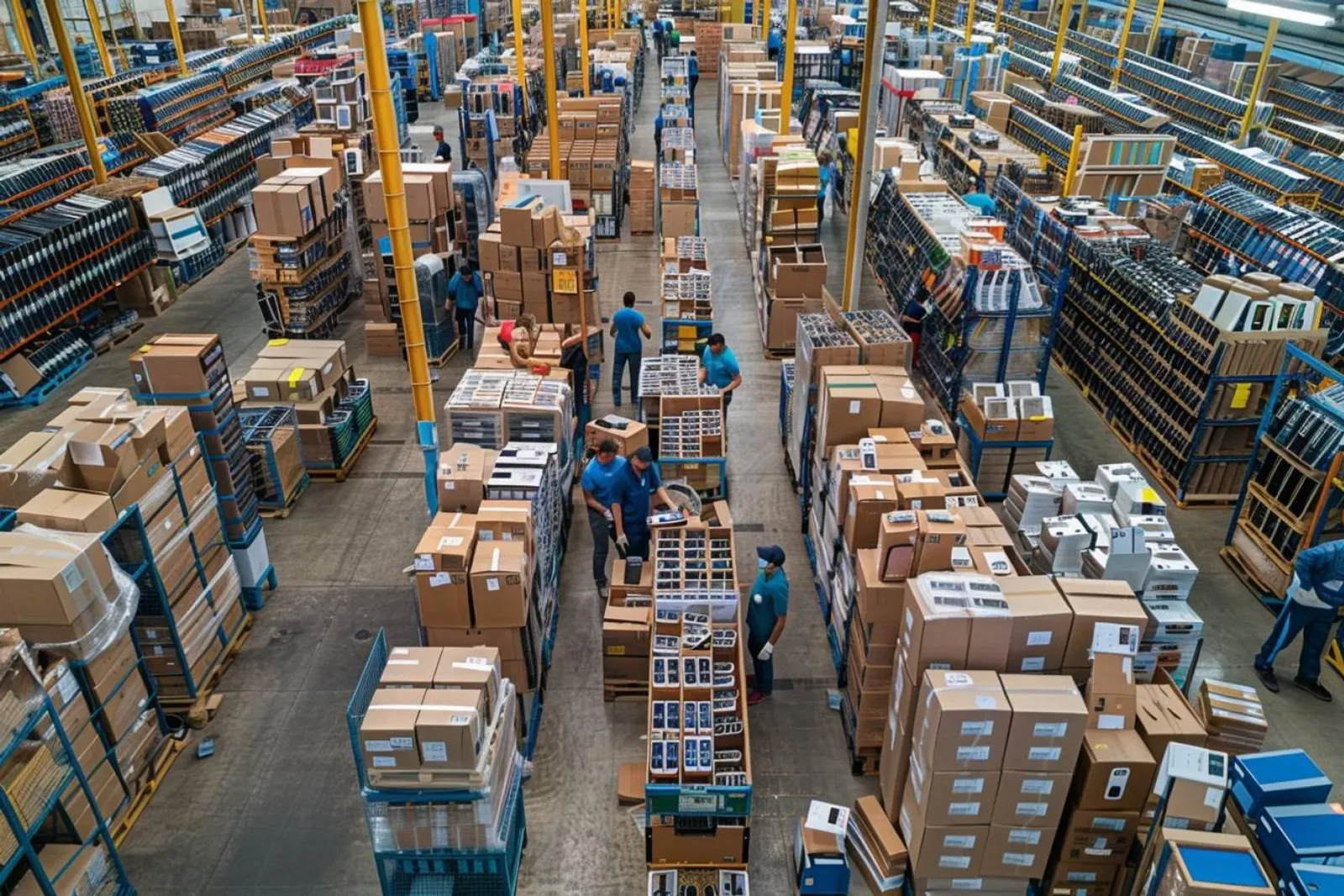 Un grossiste vérifie un stock de téléphones mobiles sur ordinateur portable dans un entrepôt moderne.