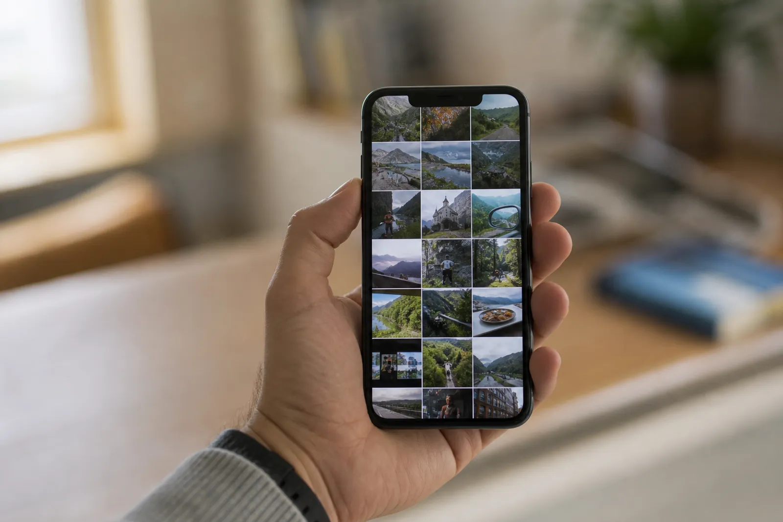 Une main tient un smartphone affichant une galerie de photos, avec en arrière-plan un ordinateur portable ouvert sur un service de stockage en ligne.