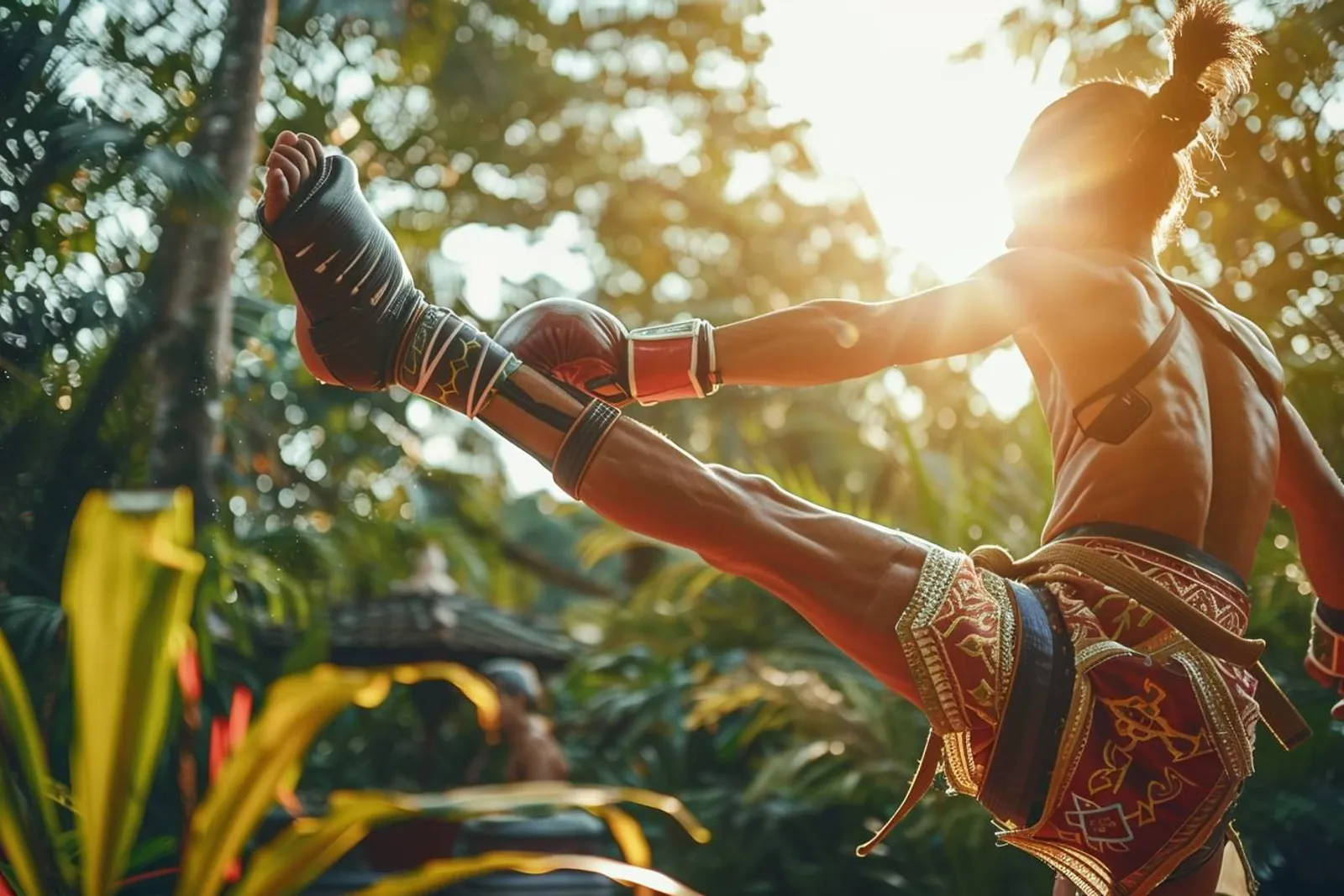 Un élève s’entraîne aux paos avec un coach thaï dans un camp de boxe thaï en Thaïlande, sous la chaleur estivale.