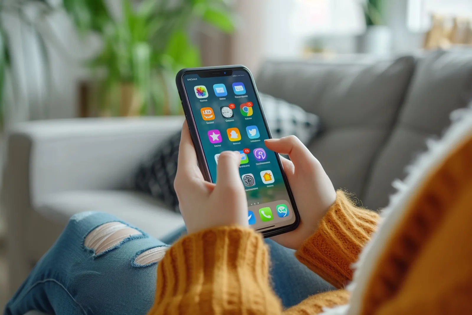 Une personne déplace une application sur l’écran d’accueil d’un smartphone moderne, dans une scène de bureau lumineuse.