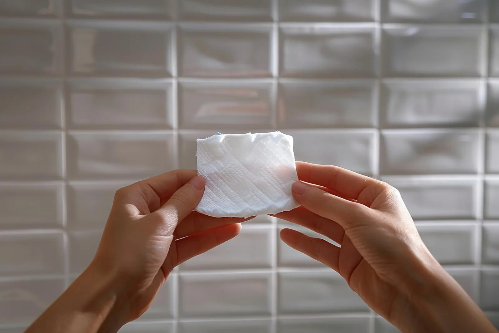 Une main place une serviette hygiénique dans une culotte en coton, dans une salle de bain éclairée naturellement.