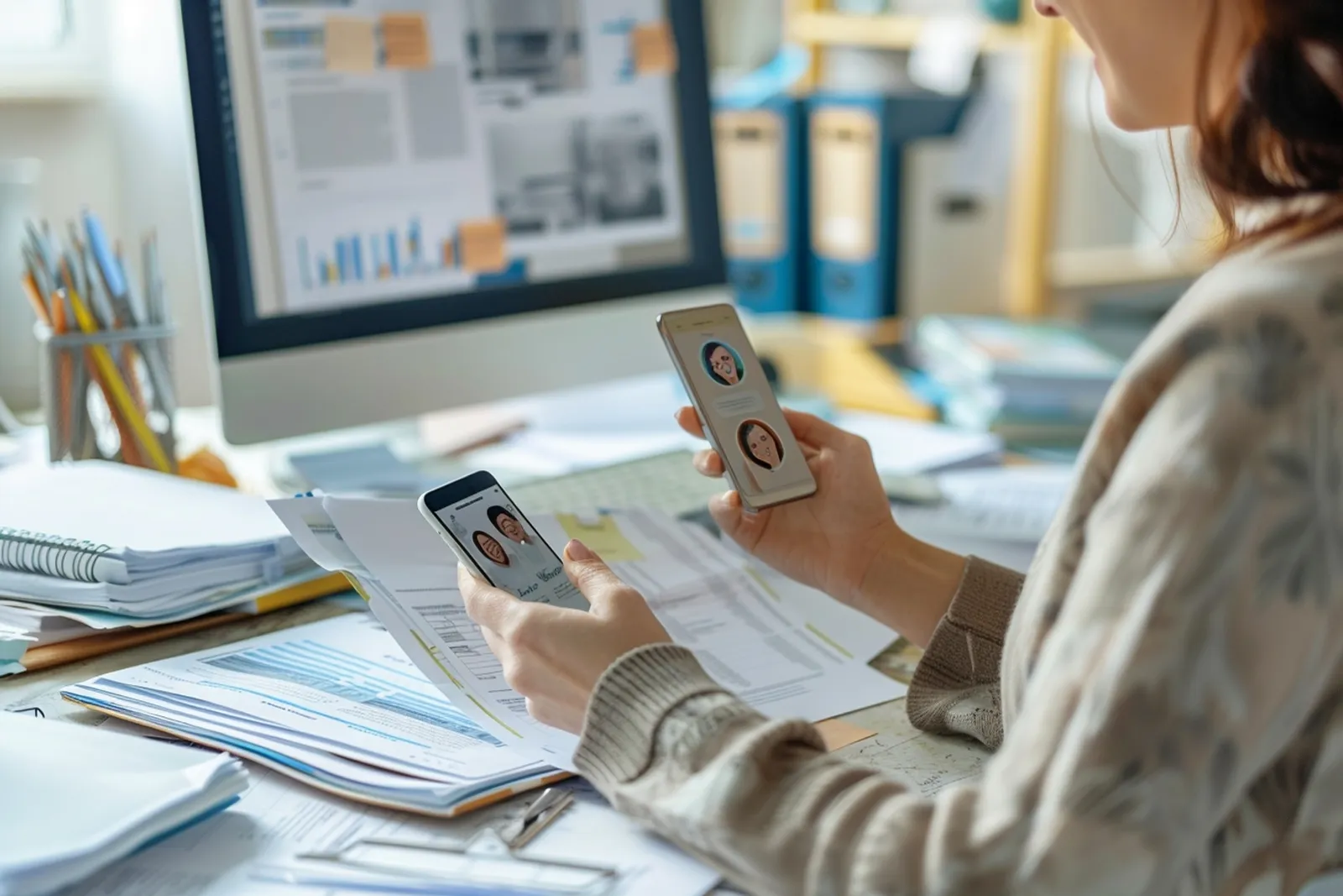 Une personne consulte une demande de crédit sur ordinateur portable, avec des documents financiers et un calculateur sur la table.
