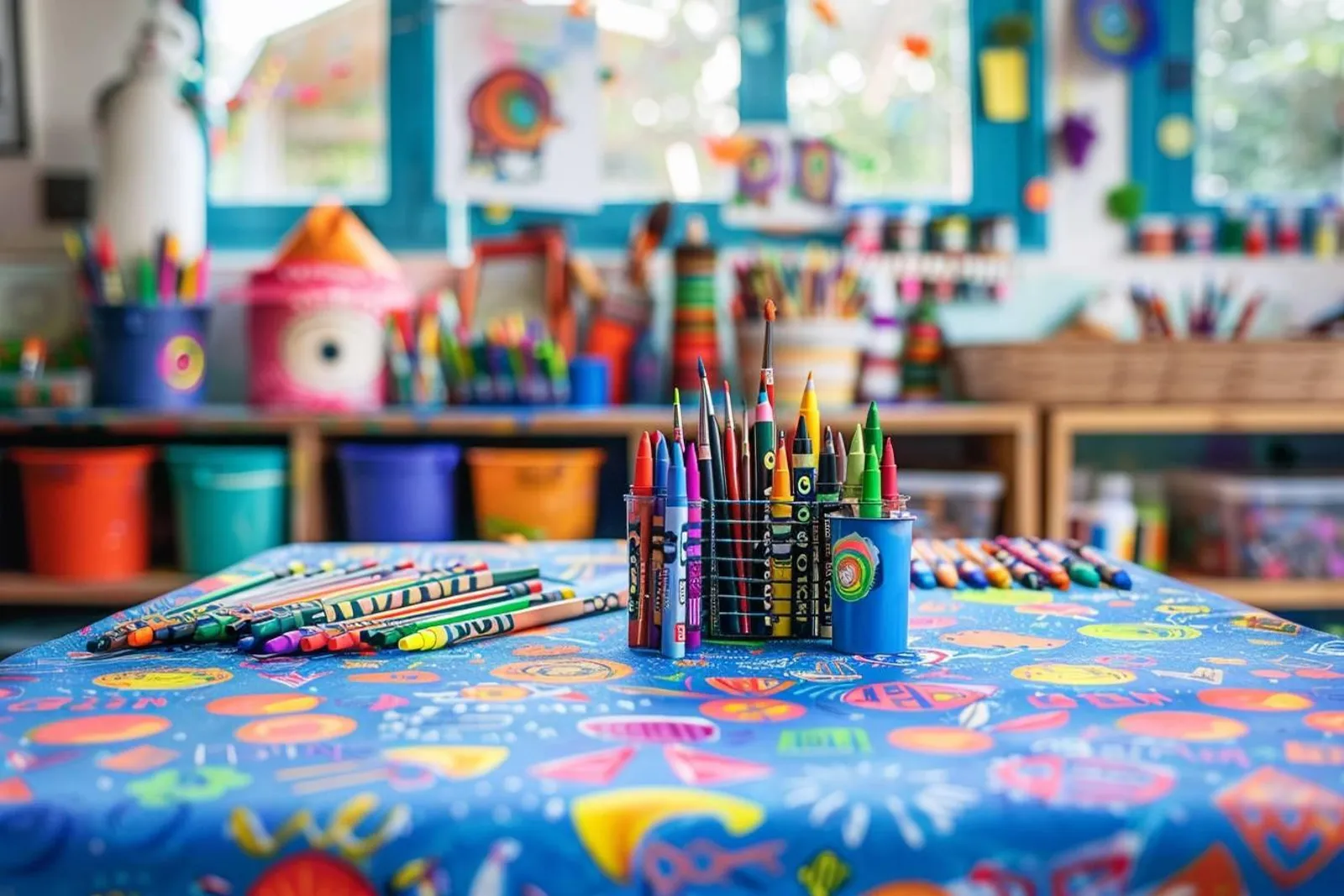 Un parent et un enfant personnalisent une table de coloriage en bois avec des crayons, des stickers et du matériel de décoration.