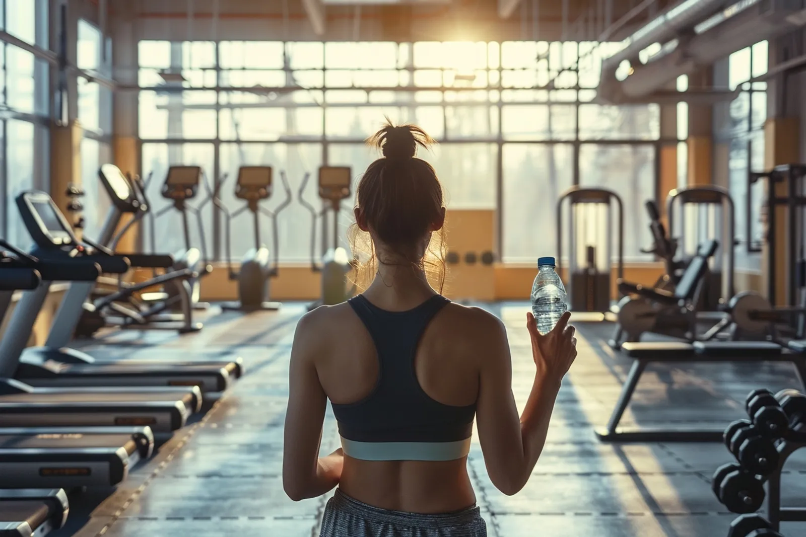Une personne organise son programme de remise en forme sur une table, avec carnet, gourde et matériel de sport.