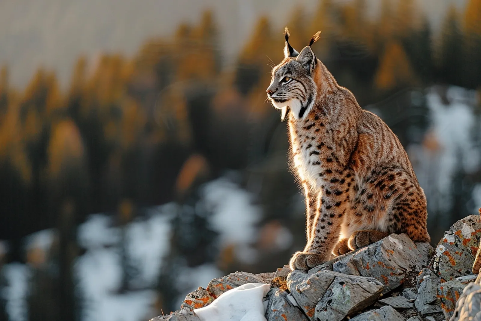 Un lynx boréal se tient à l’orée d’une forêt dense, dans une lumière naturelle douce.