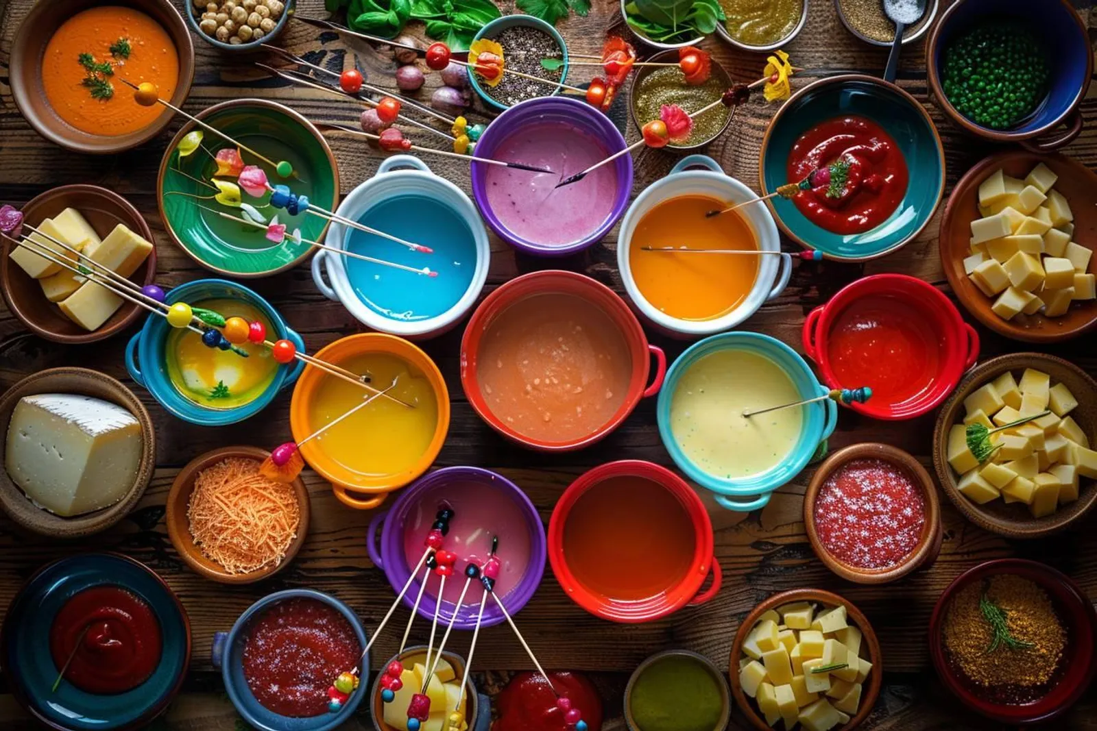 Une table conviviale avec une fondue au fromage revisitée, des sauces variées et des accompagnements colorés prêts à être dégustés.