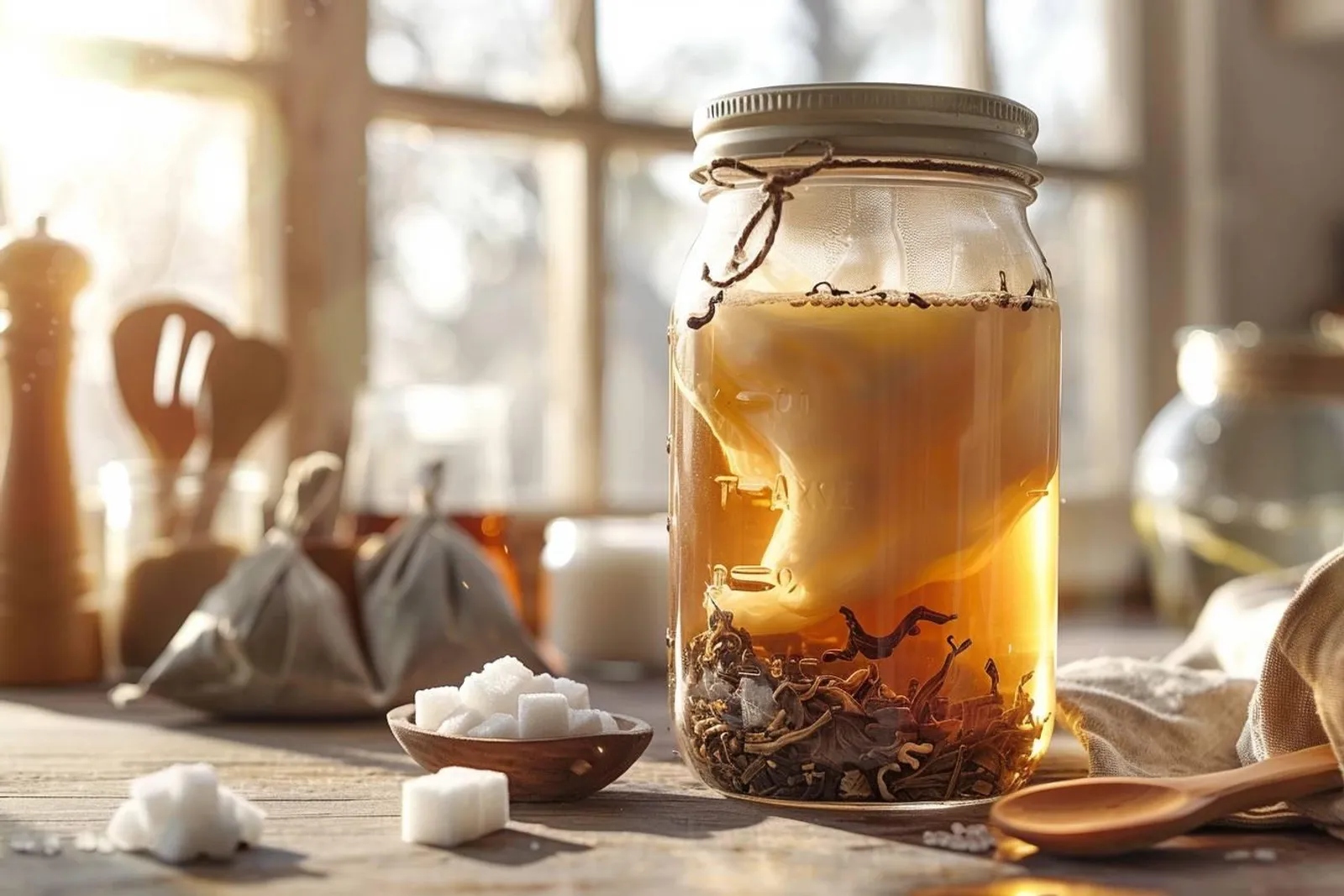 Une scène de cuisine montrant la préparation d’un kombucha maison dans un bocal en verre, avec thé, sucre et bouteilles propres.
