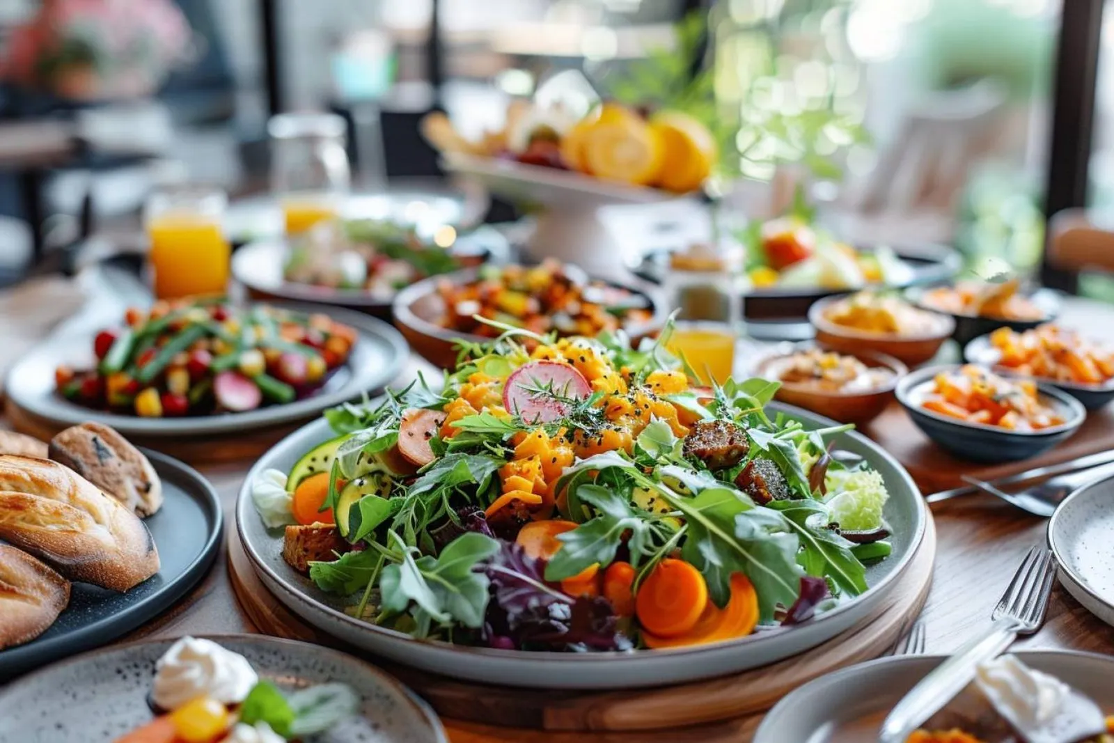 Une table de dîner élégante avec des plats végétaliens de saison soigneusement dressés pour recevoir des invités.