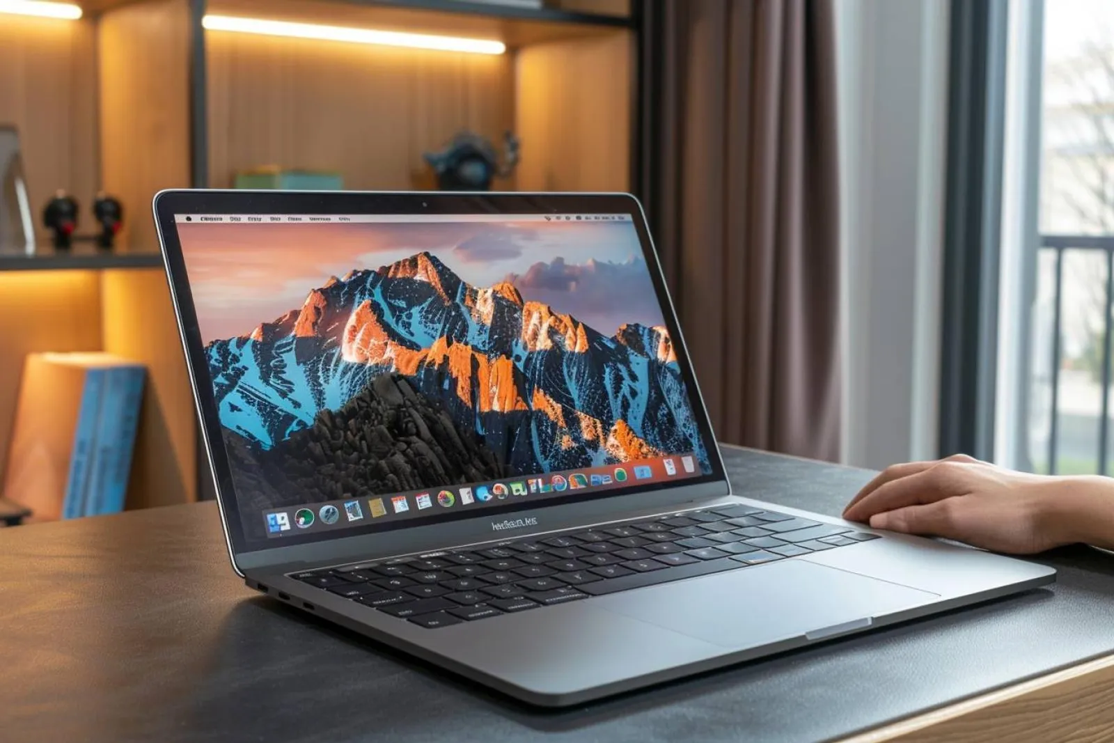 Une personne entretient soigneusement un ordinateur portable sur un bureau lumineux, dans un espace de travail bien aéré.
