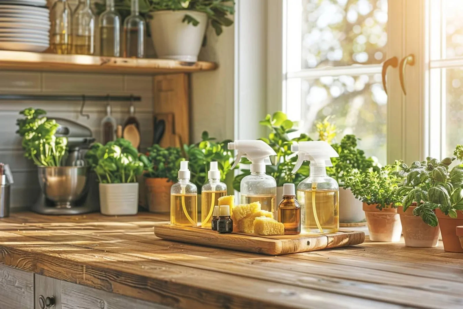 Des ingrédients naturels de ménage disposés sur un plan de travail lumineux dans une cuisine soignée.