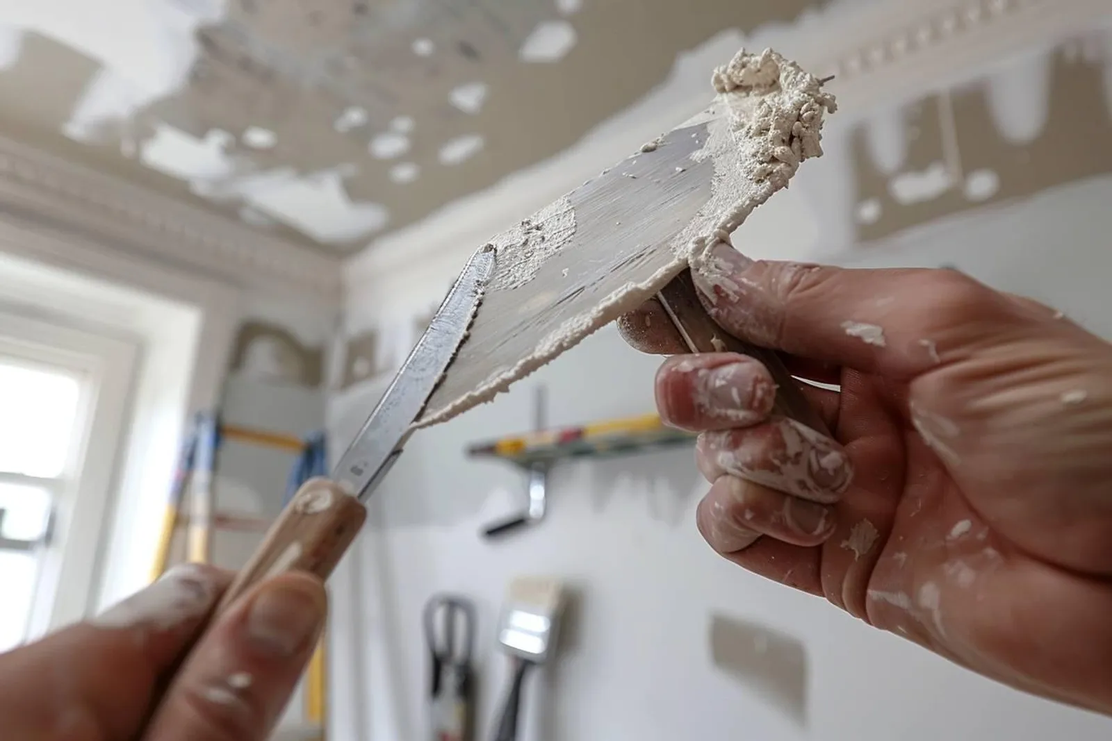 Une personne rebouche soigneusement un trou dans un plafond en BA13 à l’aide d’une spatule, sur un escabeau dans un intérieur lumineux.
