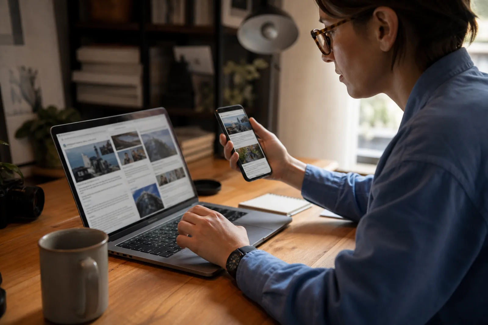 Une personne consulte son smartphone avec plusieurs articles d'actualité ouverts, à la recherche d'une information fiable.
