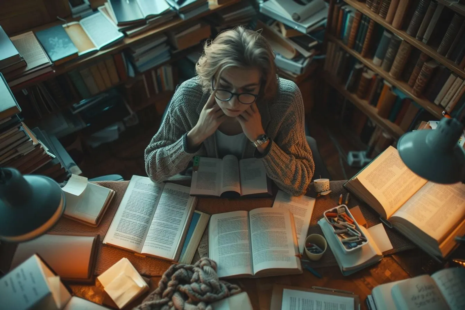 Une personne rédige un essai à son bureau, entourée de notes, de livres ouverts et d’un plan de rédaction.