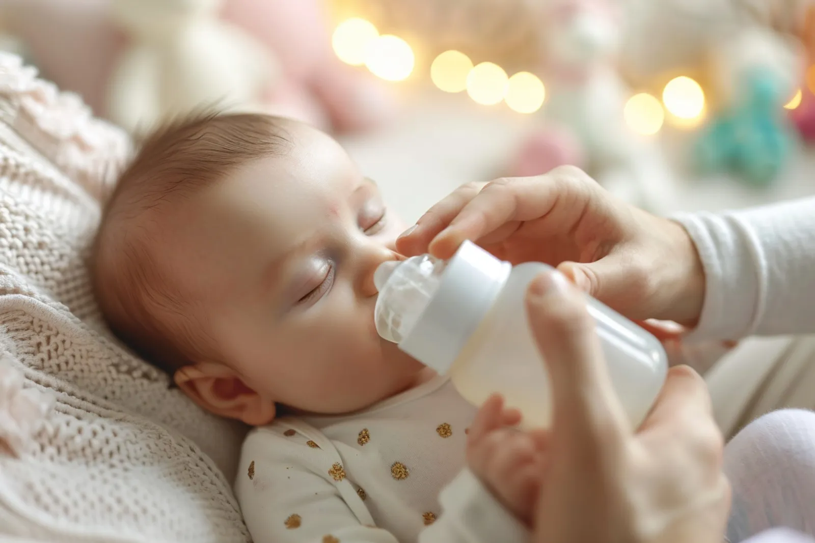 Un parent donne le biberon à son bébé en position semi-assise dans une lumière douce et naturelle.