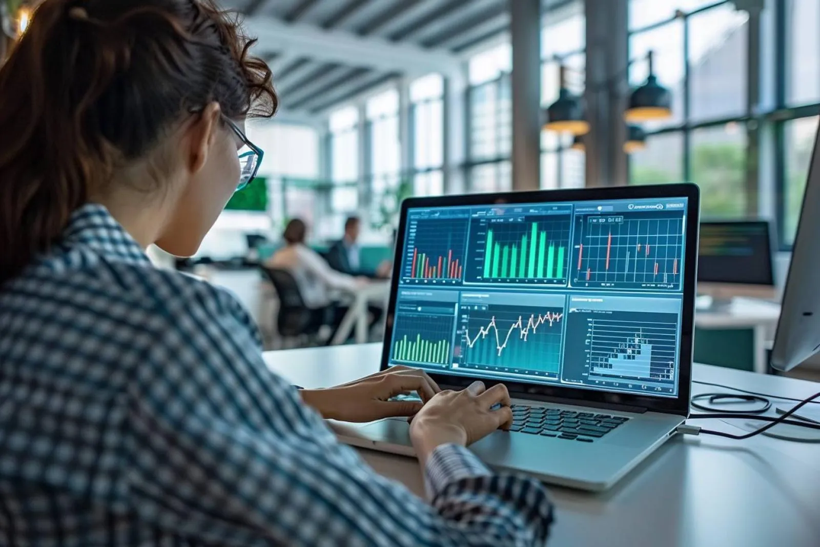 Un analyste compare un tableau de bord Power BI et une autre plateforme de données sur deux écrans dans un bureau moderne.