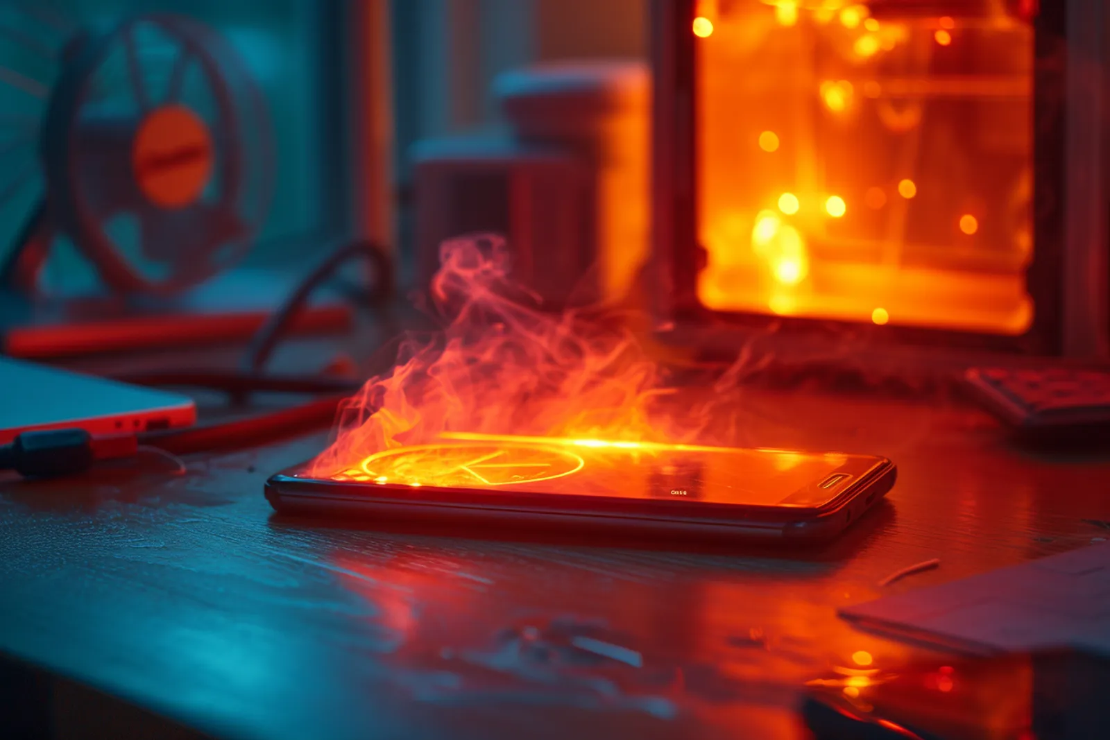 Une personne pose un téléphone portable chaud sur un bureau, à côté d’un chargeur et d’une coque, dans une lumière naturelle douce.