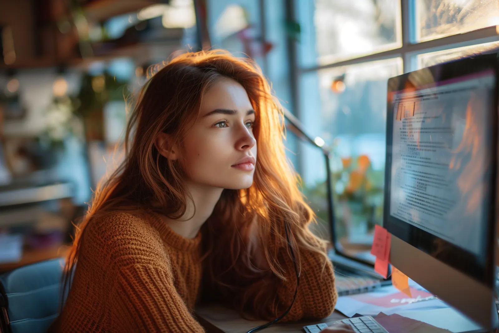 Une personne ajuste l’orientation d’un écran d’ordinateur sur un bureau moderne, avec un moniteur externe et une lumière naturelle.
