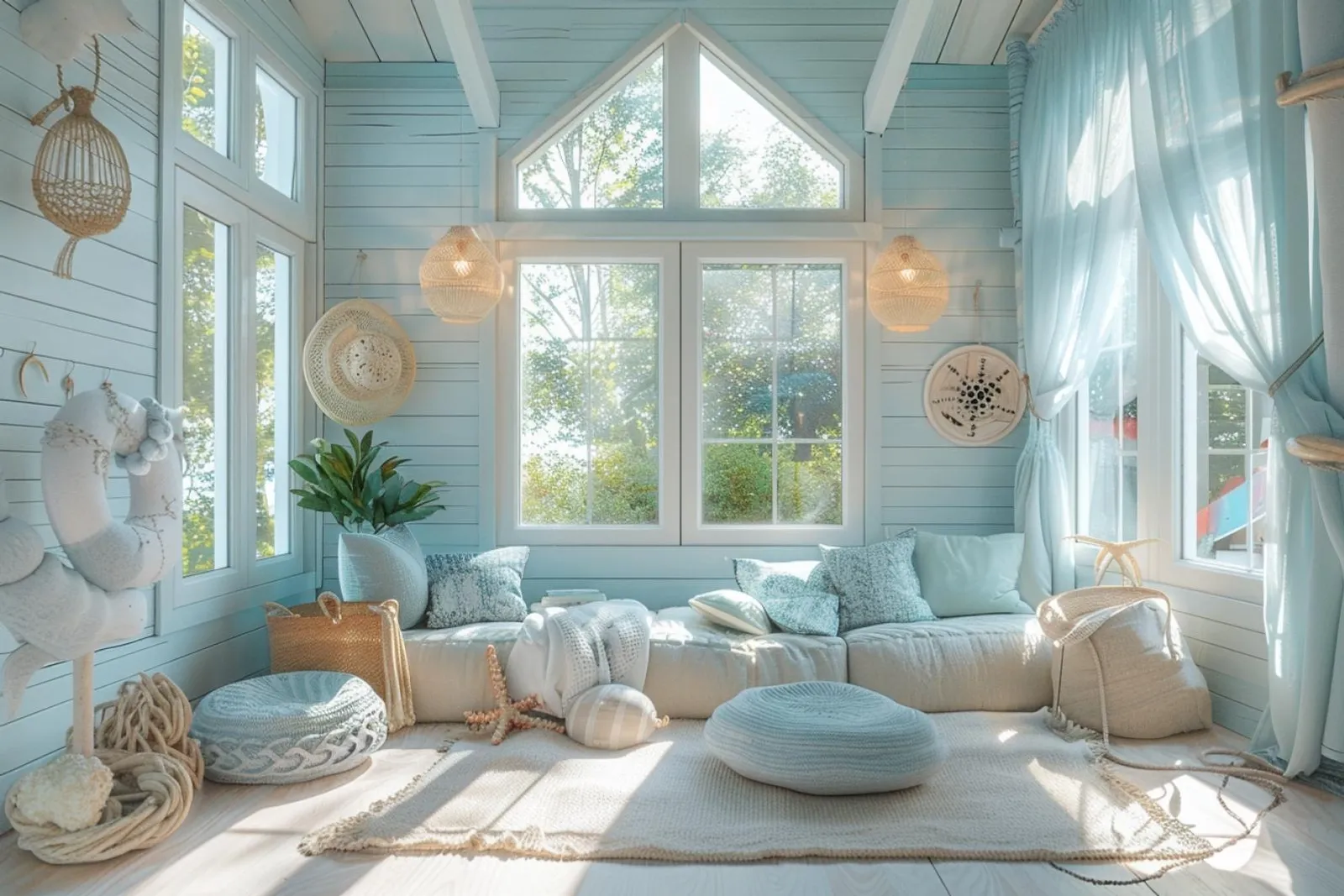 Intérieur d’une cabane de plage décorée avec du bois clair, des paniers tressés et des textiles aux tons doux et marins.