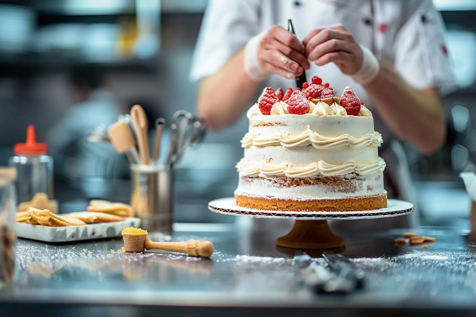 Un candidat en tenue professionnelle réalise des pâtisseries sous le regard d’un examinateur dans un laboratoire lumineux.