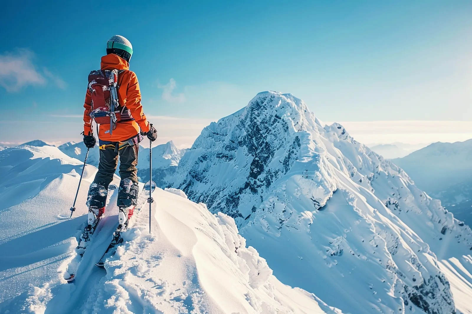 Un débutant en ski de fond ajuste ses bâtons et ses vêtements sur une piste enneigée avant de partir.
