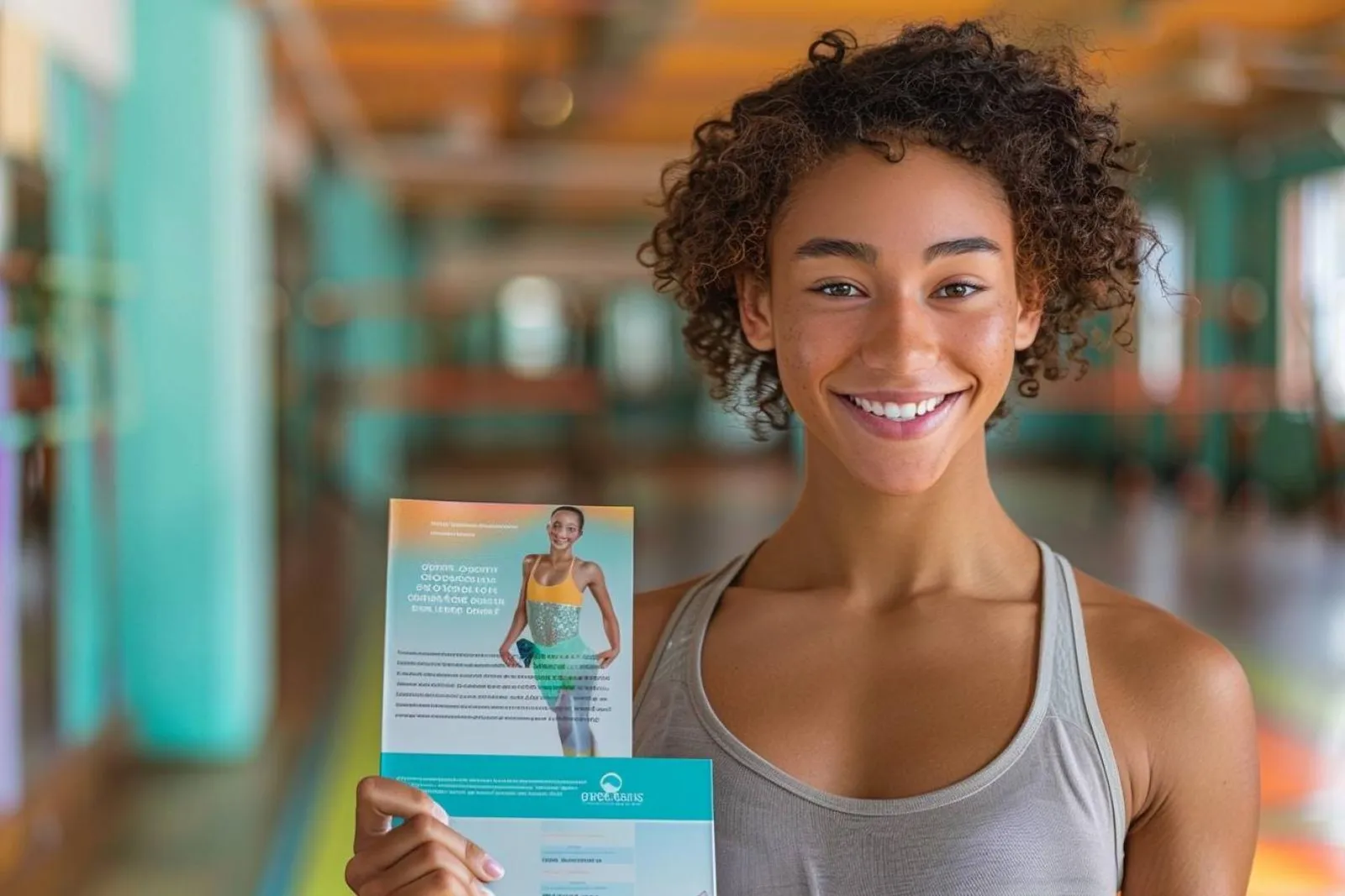 Une personne s’inscrit à un cours de danse dans un studio lumineux, dossier en main et chaussures de danse à côté.
