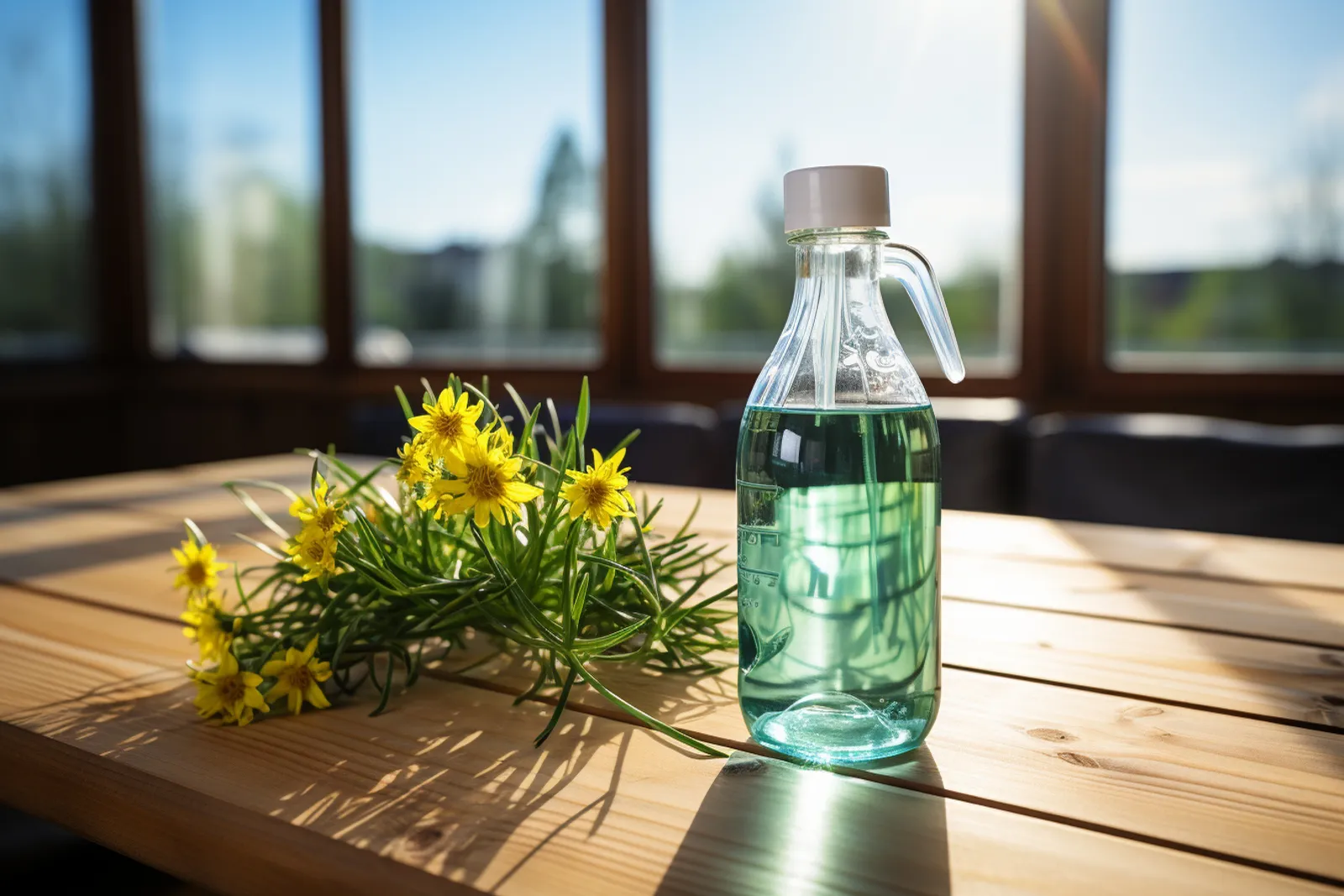 Un petit flacon de poppers posé sur une table dans un intérieur sobre, avec une ambiance naturelle et réaliste.