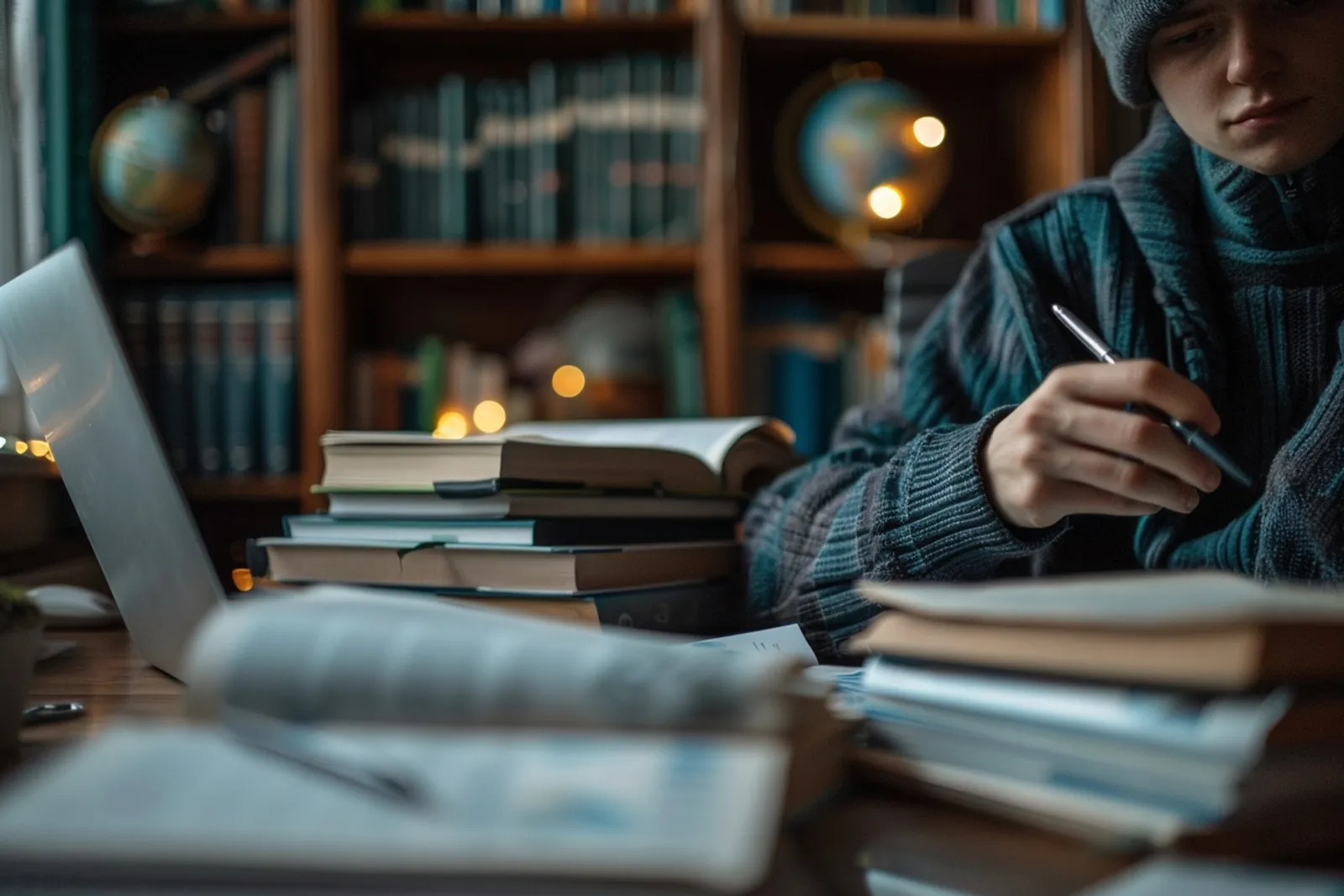 Une personne travaille sur des mots de liaison en anglais dans un cahier, devant un ordinateur portable, dans une scène d’étude réaliste et lumineuse.