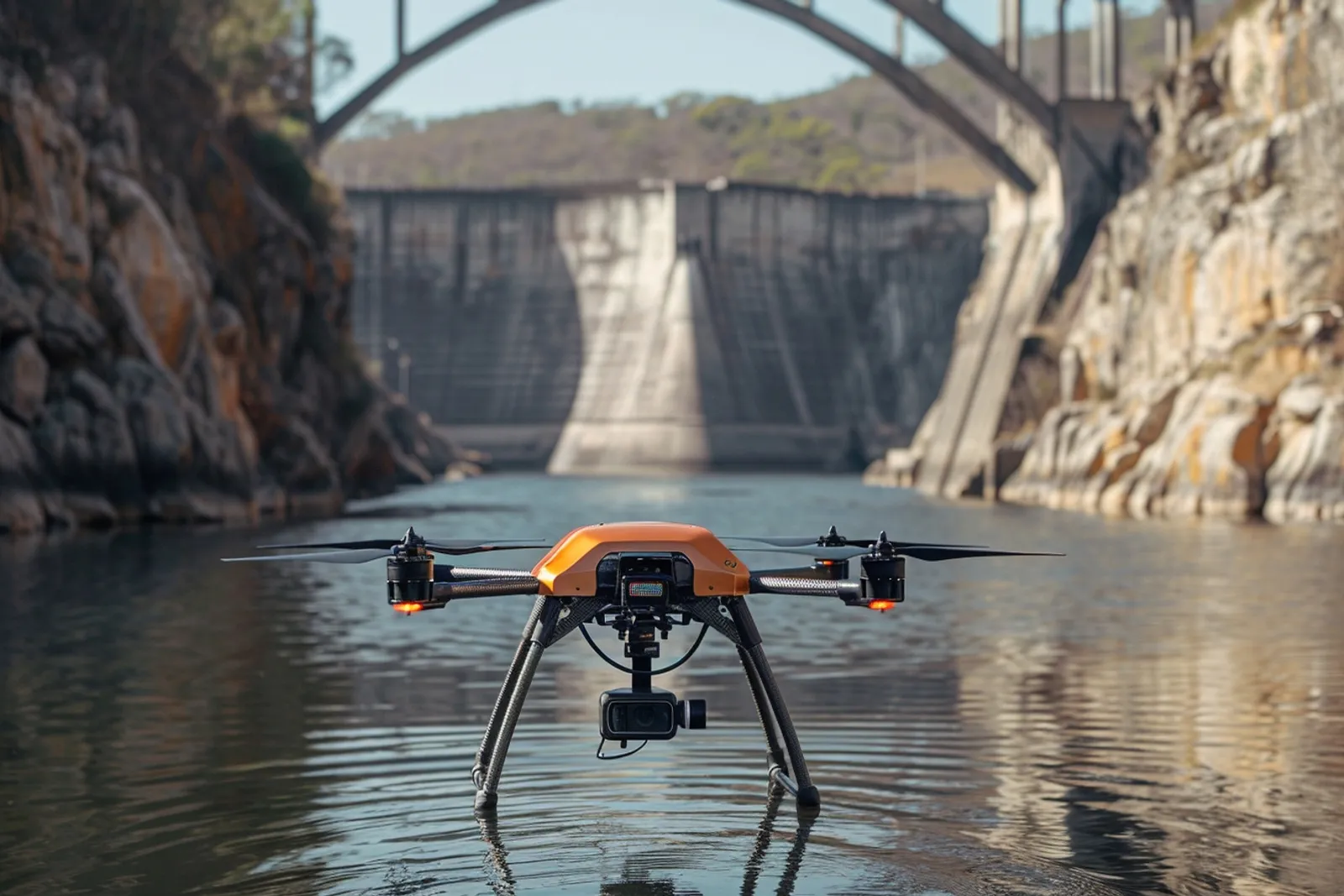 Un technicien pilote un drone sous-marin au bord d’un réservoir, avec le retour vidéo de l’inspection affiché sur un ordinateur portable.