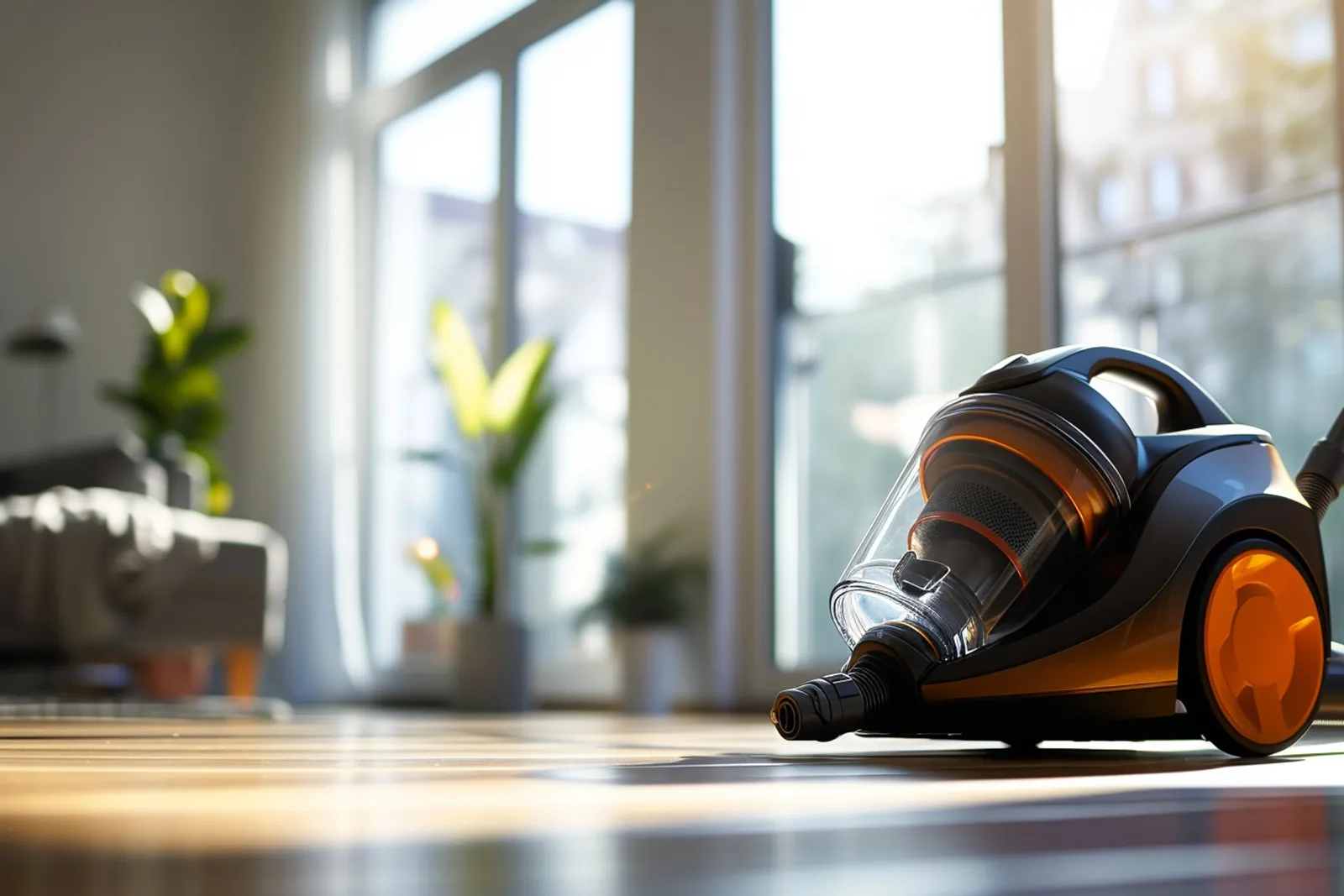 Deux aspirateurs modernes sont présentés dans un intérieur lumineux, sur parquet et tapis, pour illustrer un comparatif de modèles puissants.