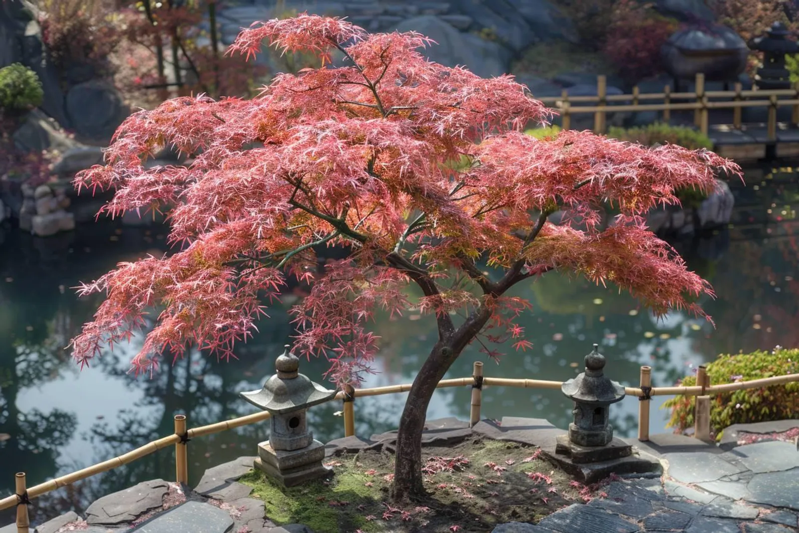 Un jardinier taille délicatement un érable japonais dans un jardin paisible et harmonieux.