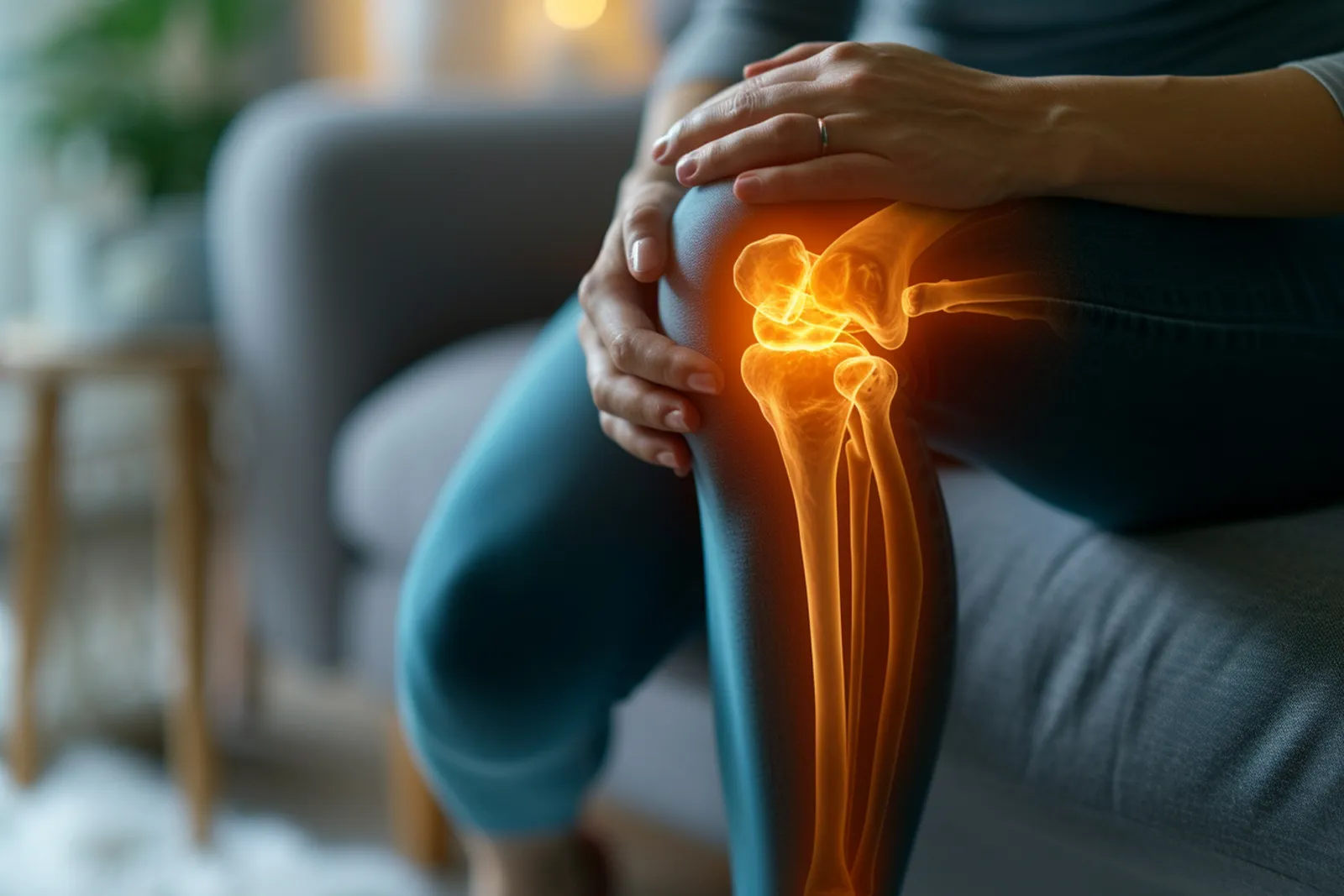 Une personne assise au bord d’un lit masse sa cuisse douloureuse, avec un verre d’eau posé à proximité dans une chambre éclairée doucement.