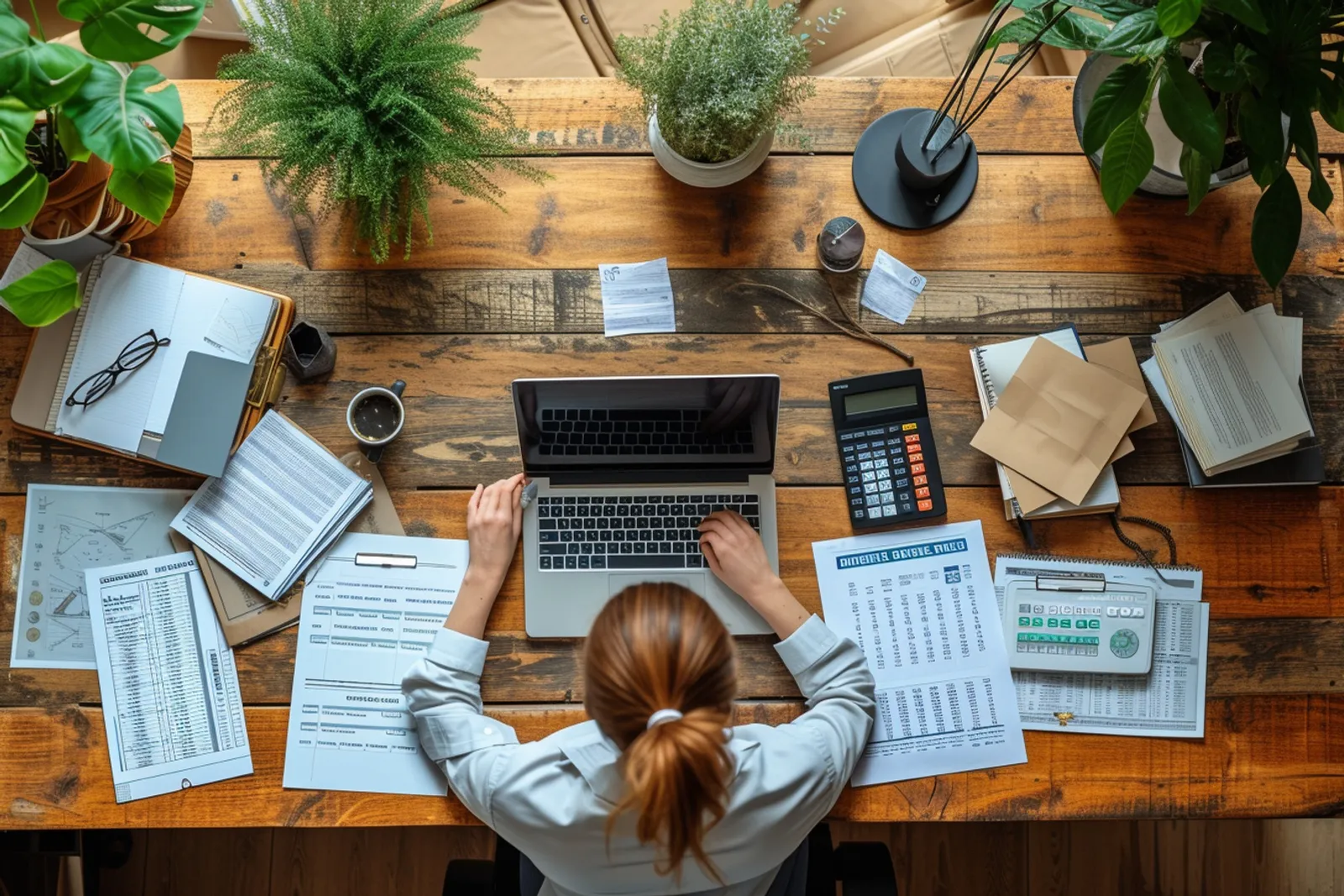Un auto-entrepreneur consulte ses relevés et factures sur ordinateur portable, avec son téléphone et ses documents de gestion sur une table lumineuse.