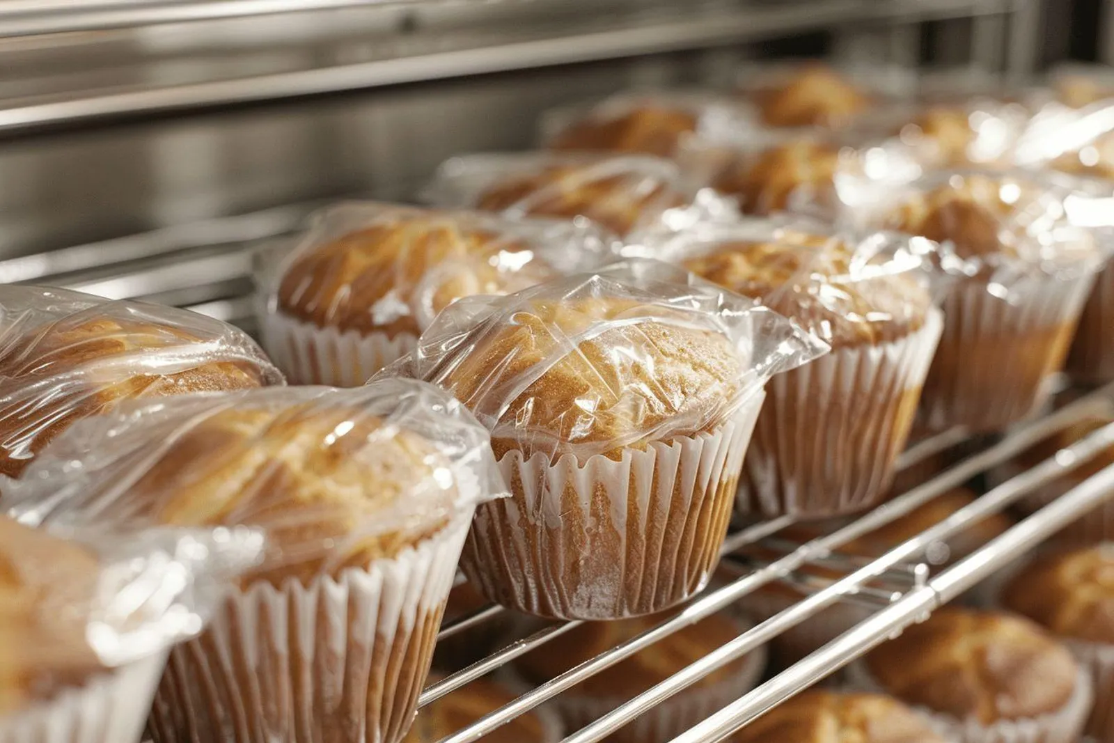 Des muffins maison refroidis, emballés soigneusement pour la congélation sur un plan de travail de cuisine.