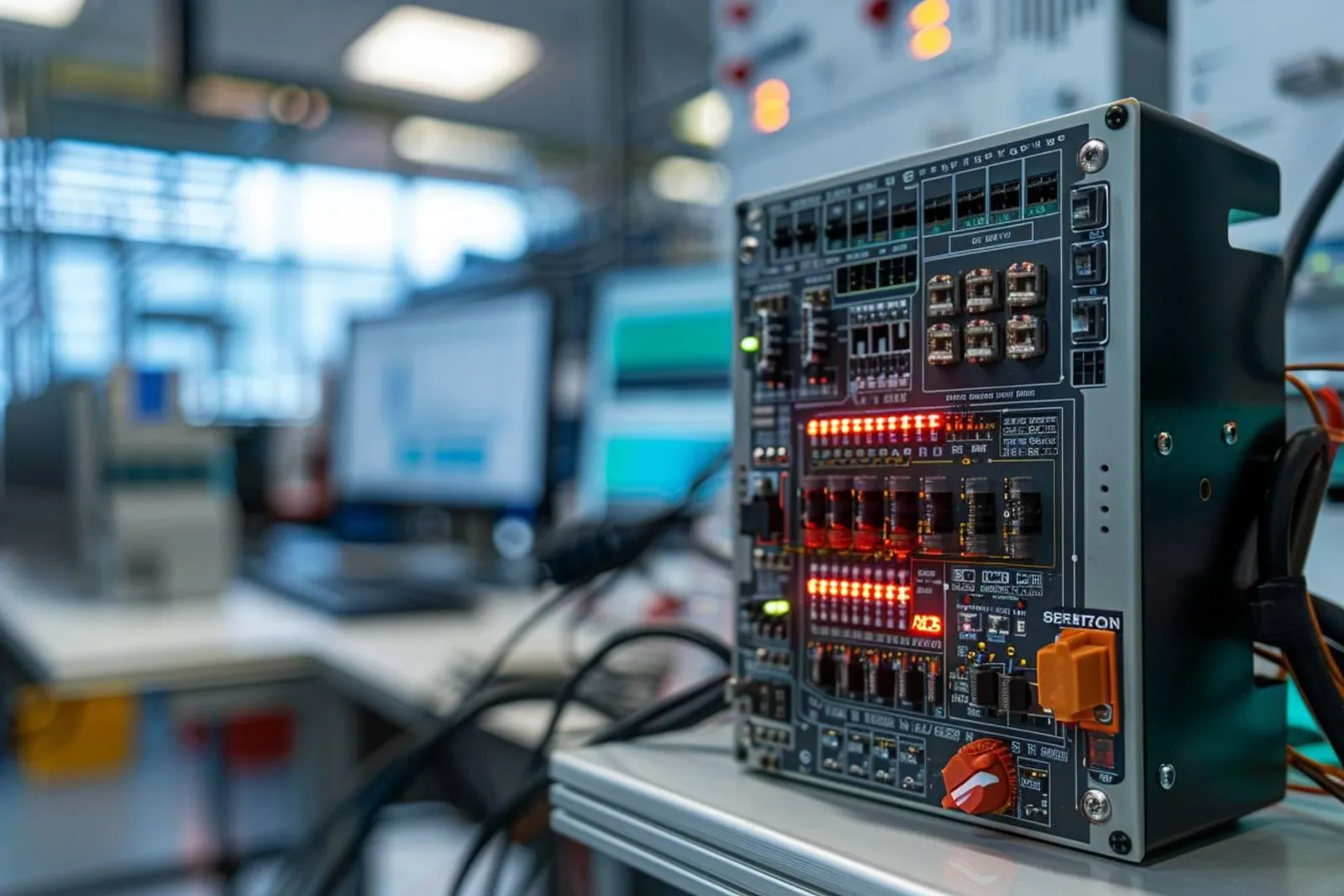 Un électricien contrôle un convertisseur monophasé triphasé raccordé à un moteur dans un atelier lumineux.