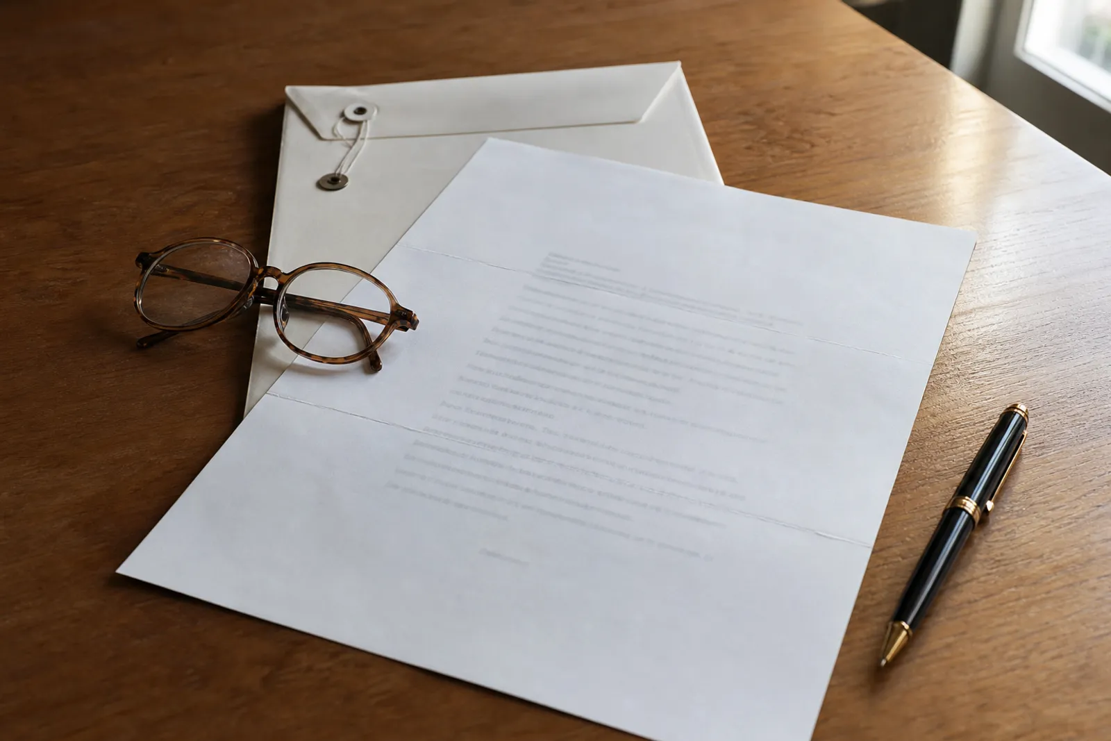 Enveloppe officielle de convocation posée sur une table, à côté d'un stylo et d'un courrier administratif.