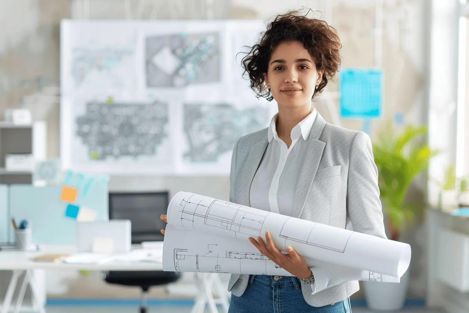 Un entrepreneur organise son projet sur un bureau avec un business plan, un ordinateur portable et des documents de travail.