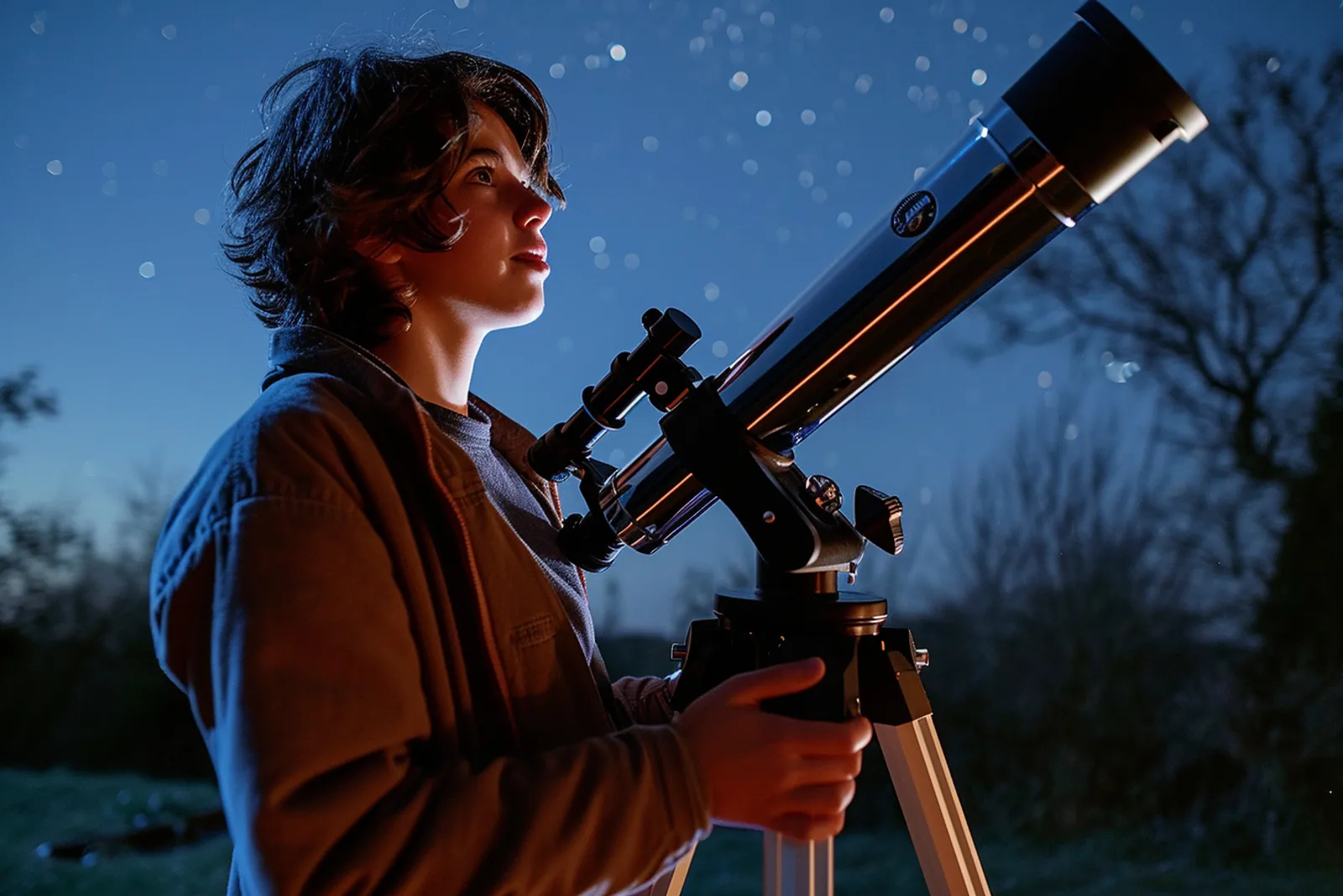 Un débutant installe un télescope compact sur une terrasse pour observer le ciel étoilé.