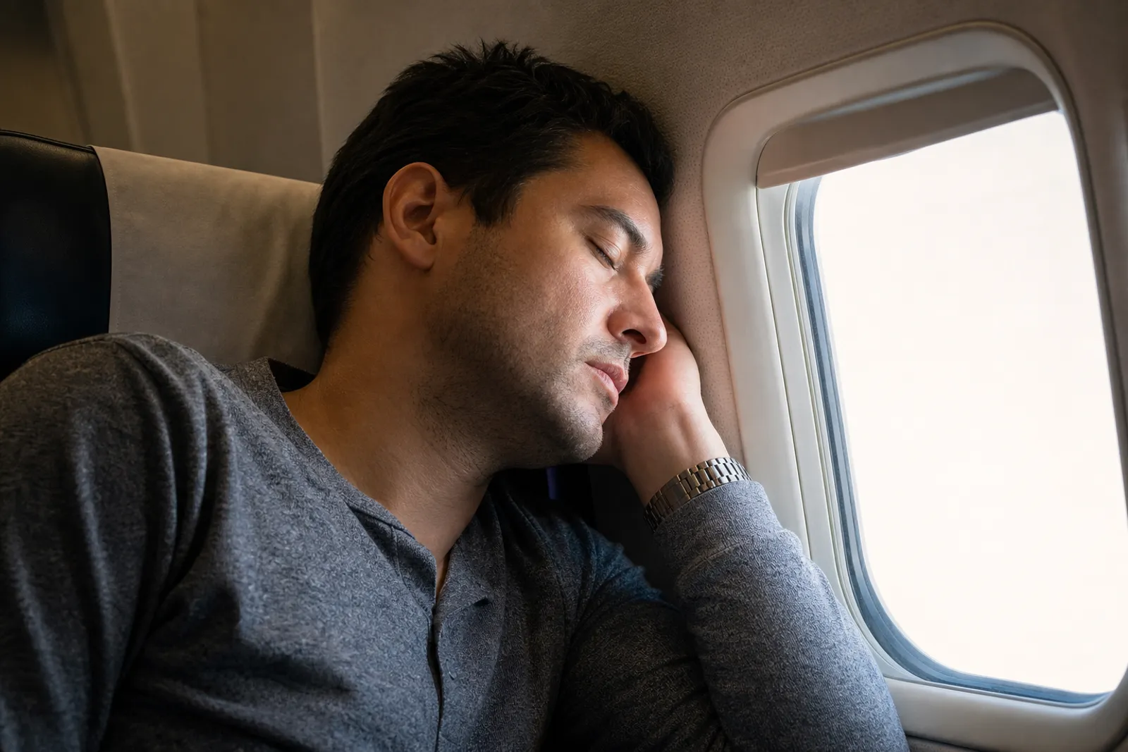 Voyageur fatigué assis près d'un hublot d'avion, lumière du jour filtrant à travers le rideau, montre au poignet.