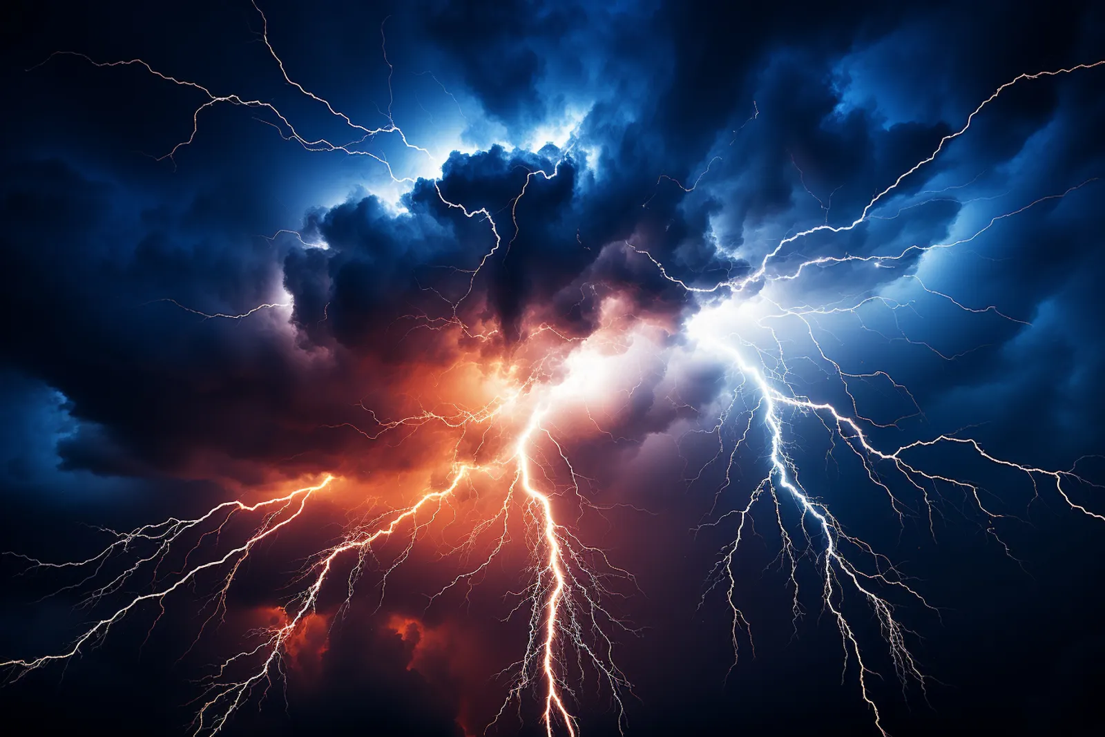 Un éclair zèbre le ciel au-dessus d’un orage sombre, avec des nuages d’orage puissants en arrière-plan.