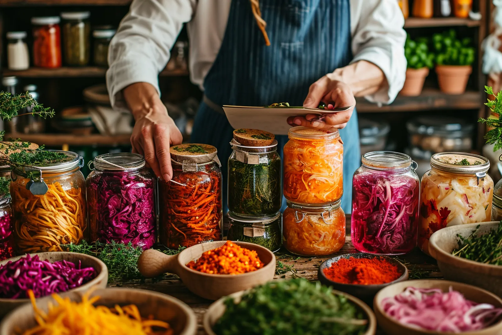Des mains préparent un bocal de légumes fermentés dans une cuisine lumineuse.