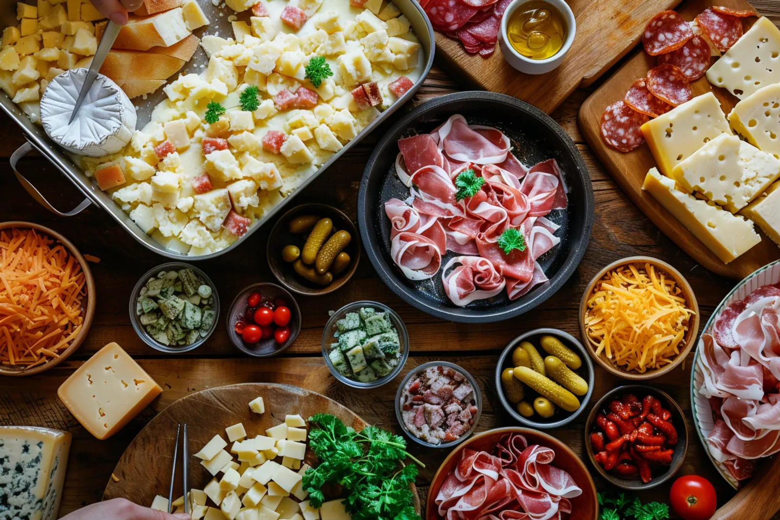 Une table de raclette conviviale avec fromage fondu, pommes de terre, pickles, légumes grillés et charcuterie.