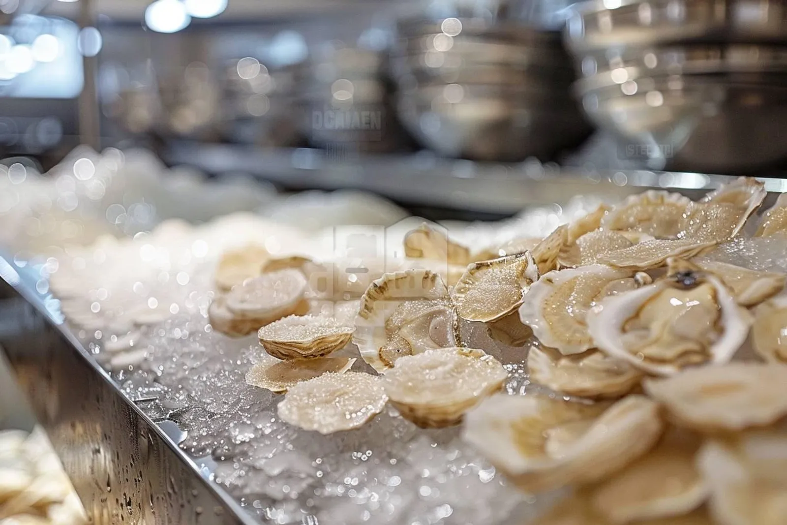 Des huîtres surgelées présentées dans une assiette raffinée, dans une cuisine lumineuse.