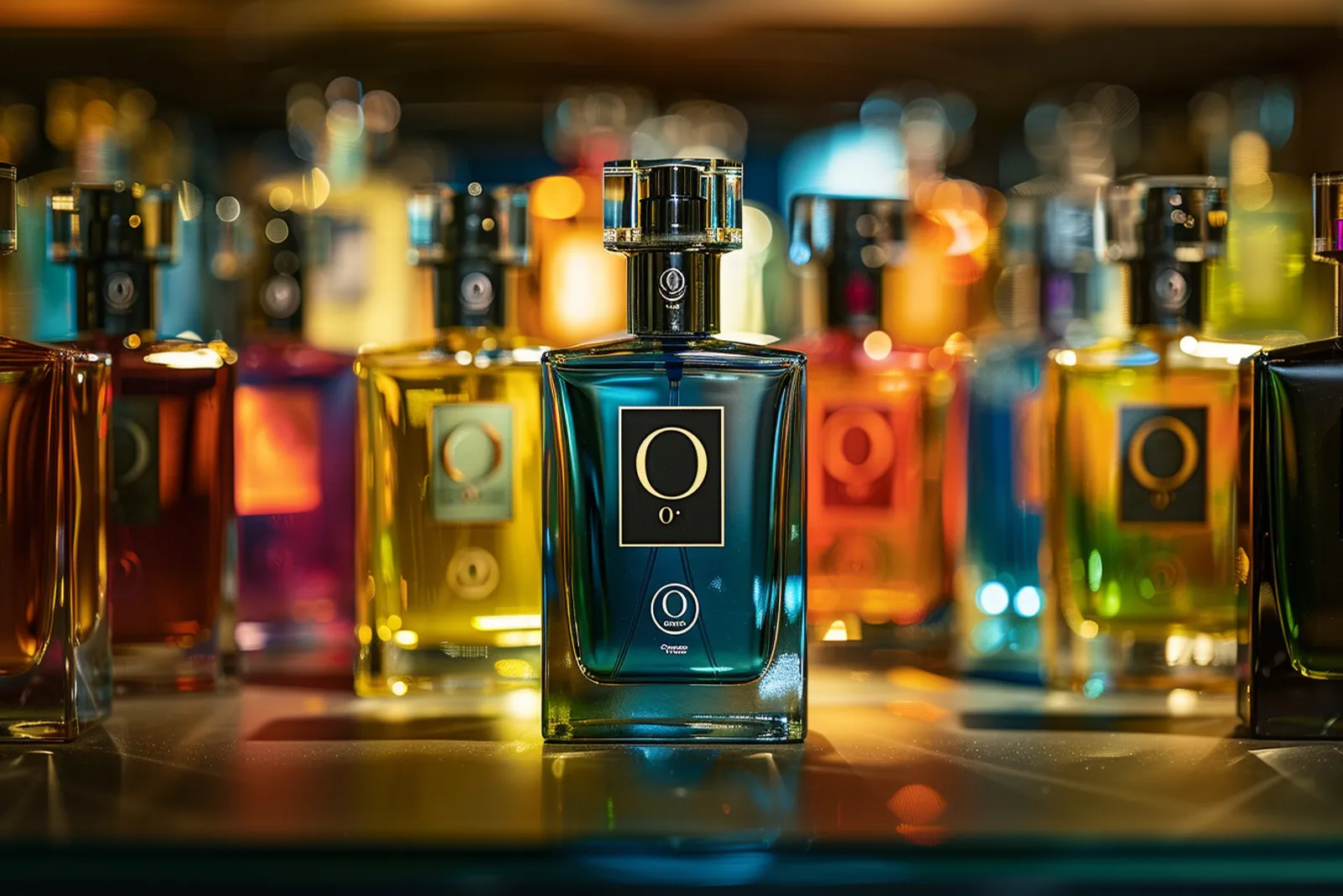 Une sélection de flacons de parfum élégants présentés sur une coiffeuse lumineuse.