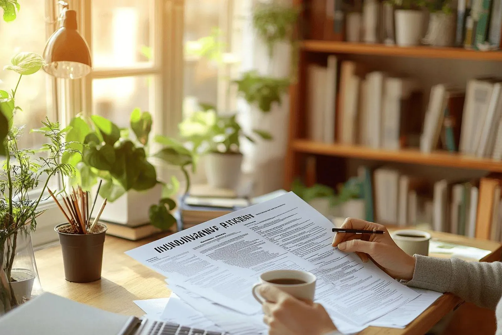 Un couple examine des documents d’assurance sur une table, dans une ambiance domestique lumineuse et réaliste.