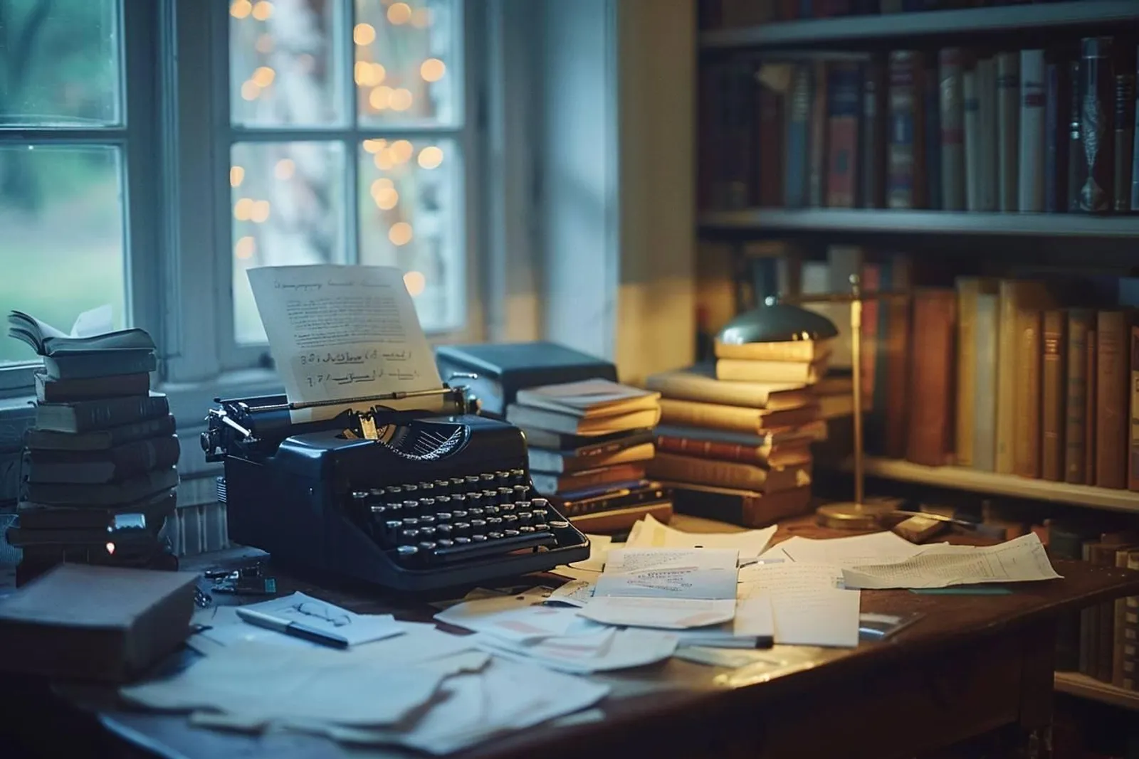 Un bureau d’écrivain avec un arbre généalogique, des notes de roman et un carnet ouvert sous une lumière naturelle douce.