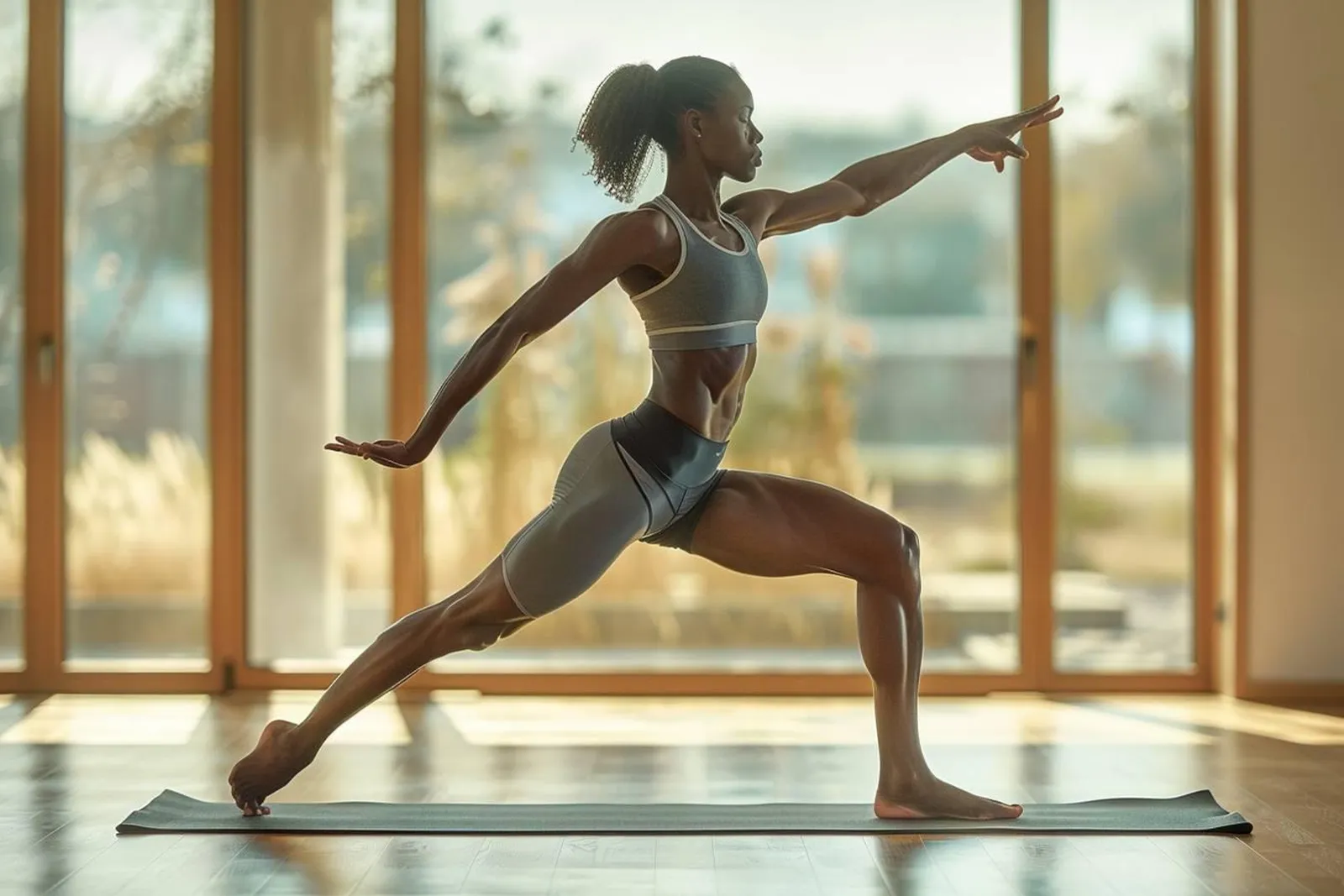 Un coureur effectuant une séance de yoga douce en extérieur, sur un tapis, dans la lumière du matin.