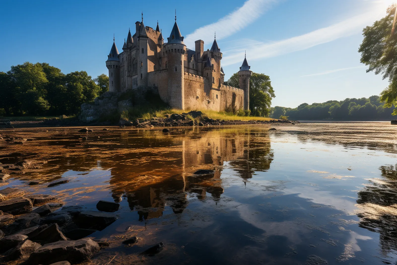 Un voyageur observe un château de la Loire depuis les jardins à la française, sous une lumière naturelle douce.
